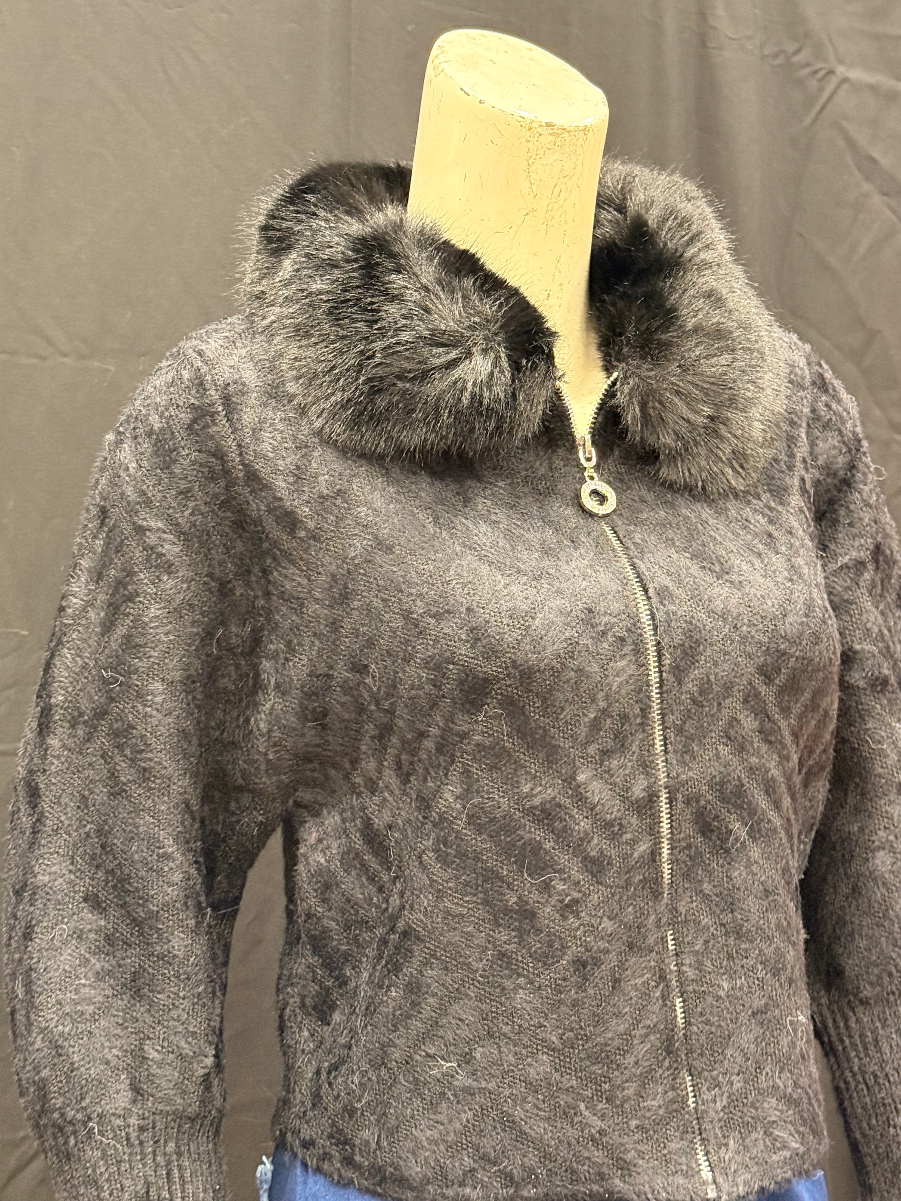 Charcoal Black Fuzzy Knit Cardigan with Faux Fur Collar