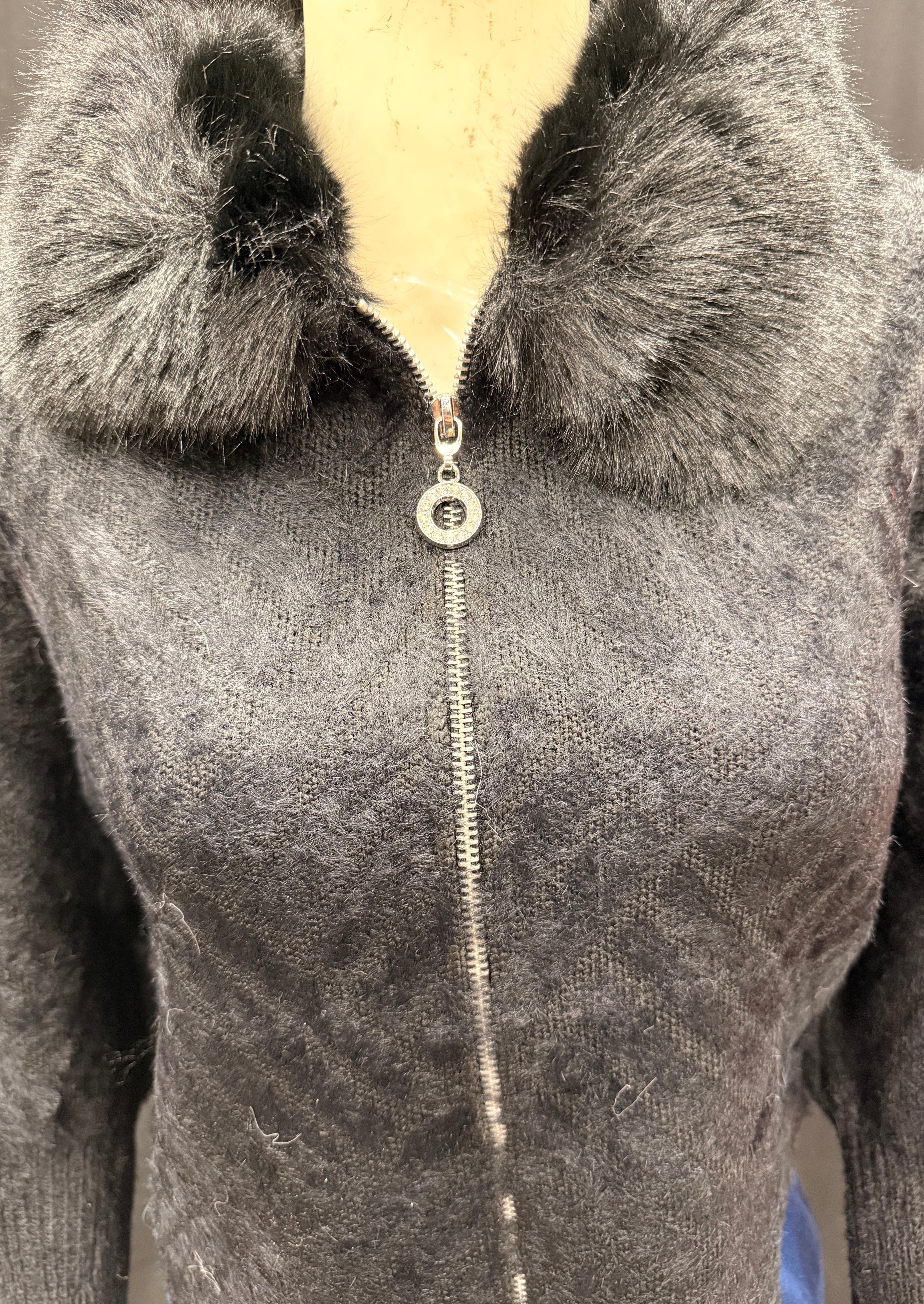 Charcoal Black Fuzzy Knit Cardigan with Faux Fur Collar