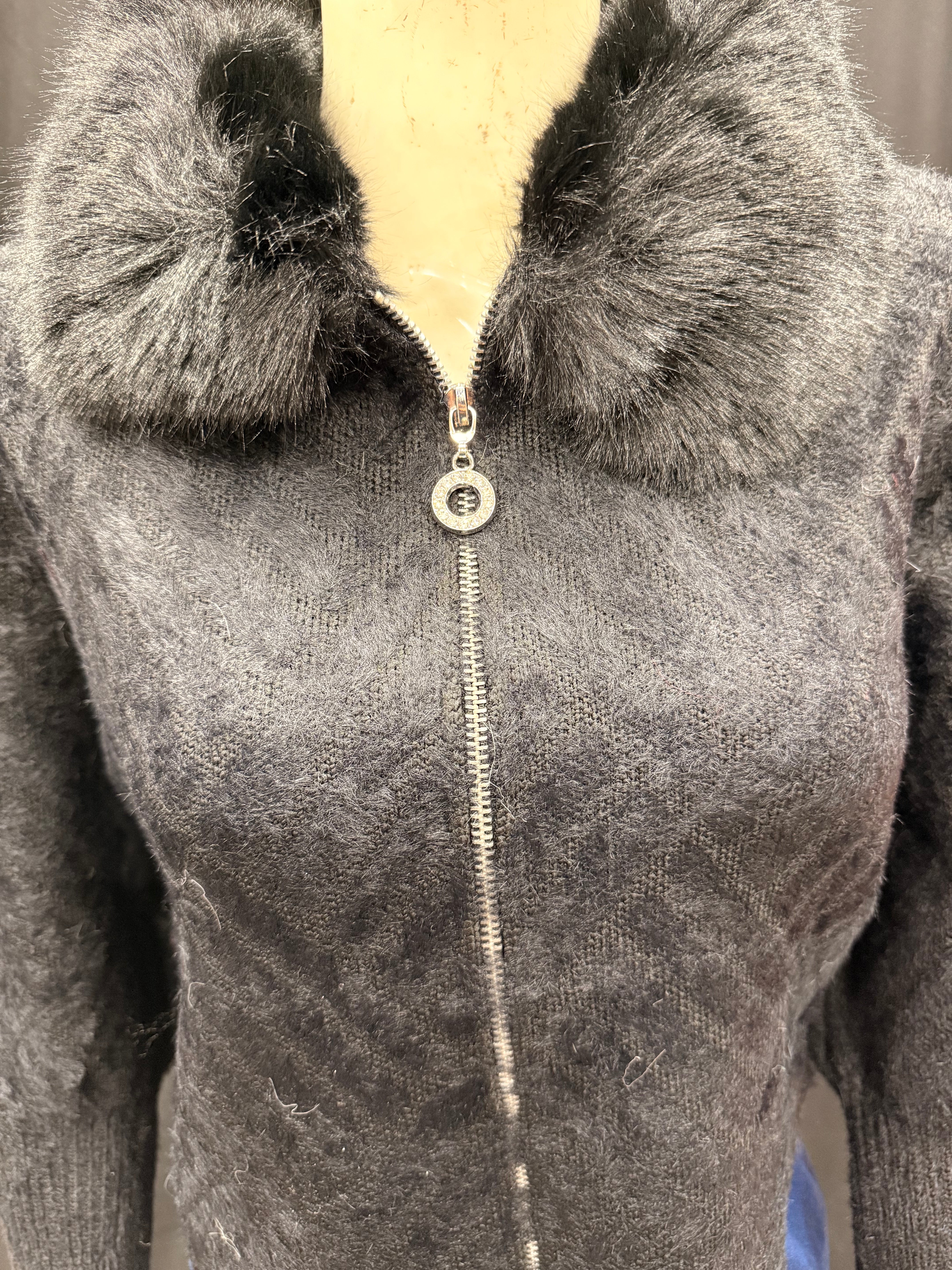 Charcoal Black Fuzzy Knit Cardigan with Faux Fur Collar