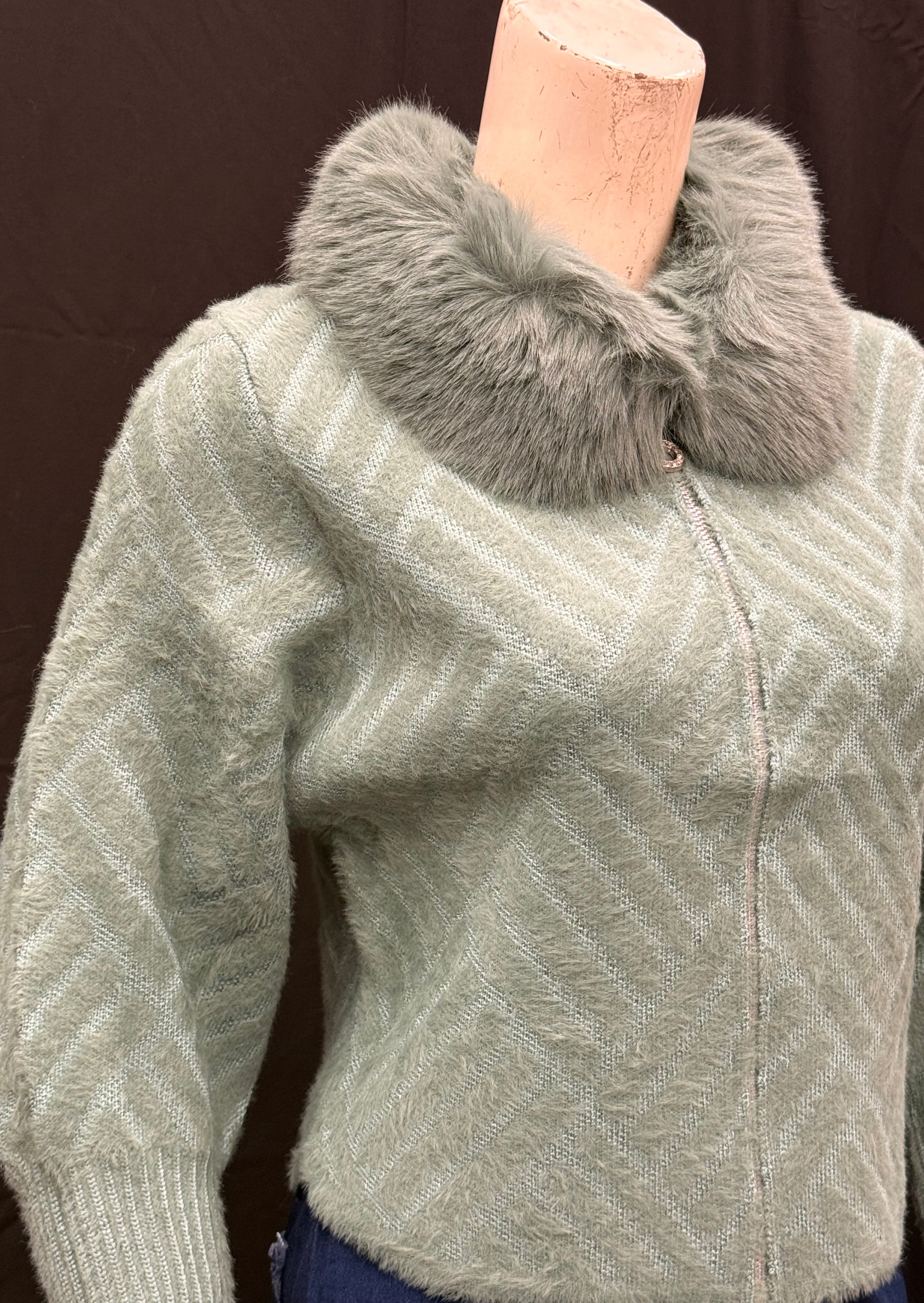 Luxury Fuzzy Knit Cardigan with Faux Fur Collar