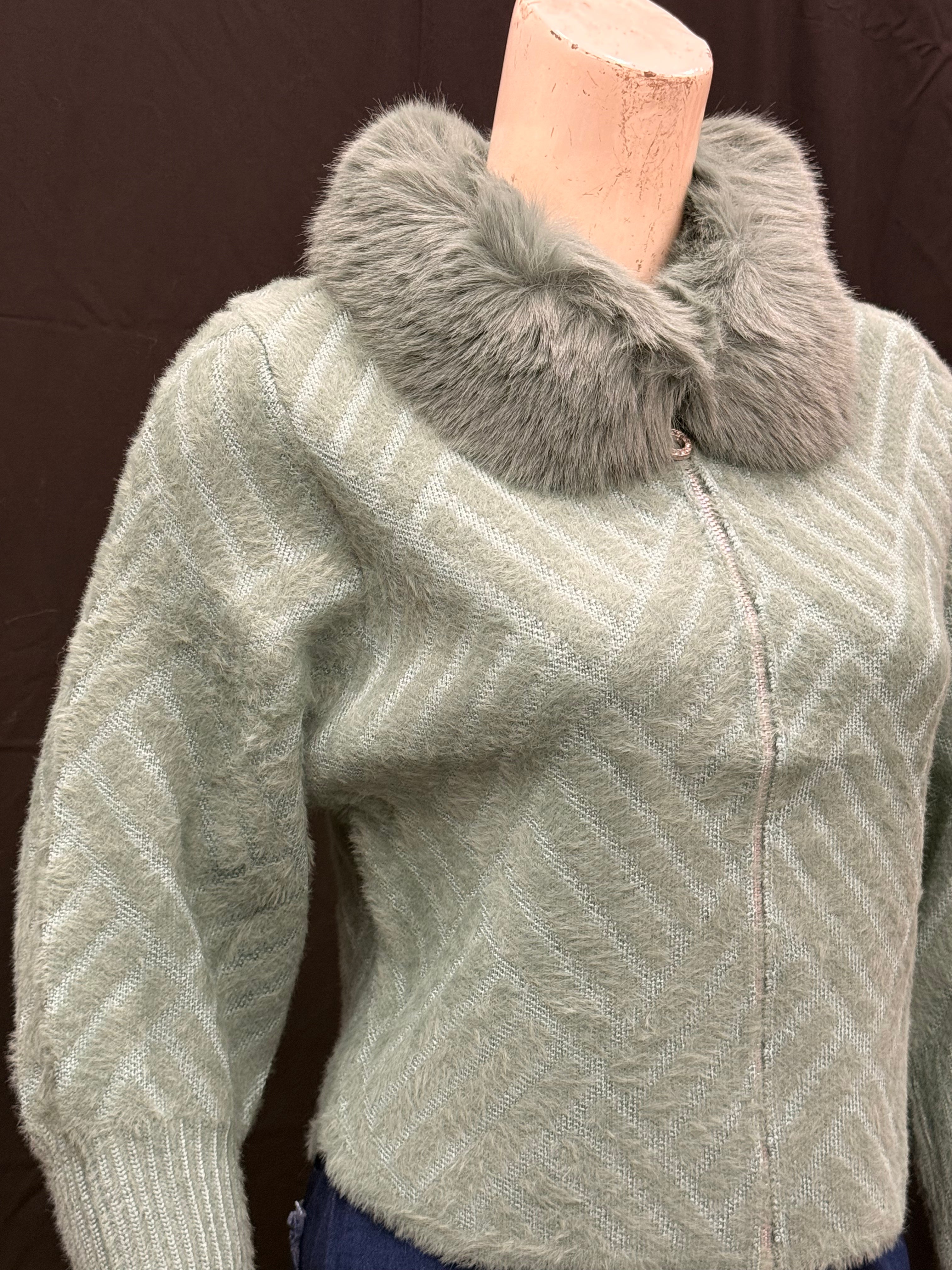 Luxury Fuzzy Knit Cardigan with Faux Fur Collar