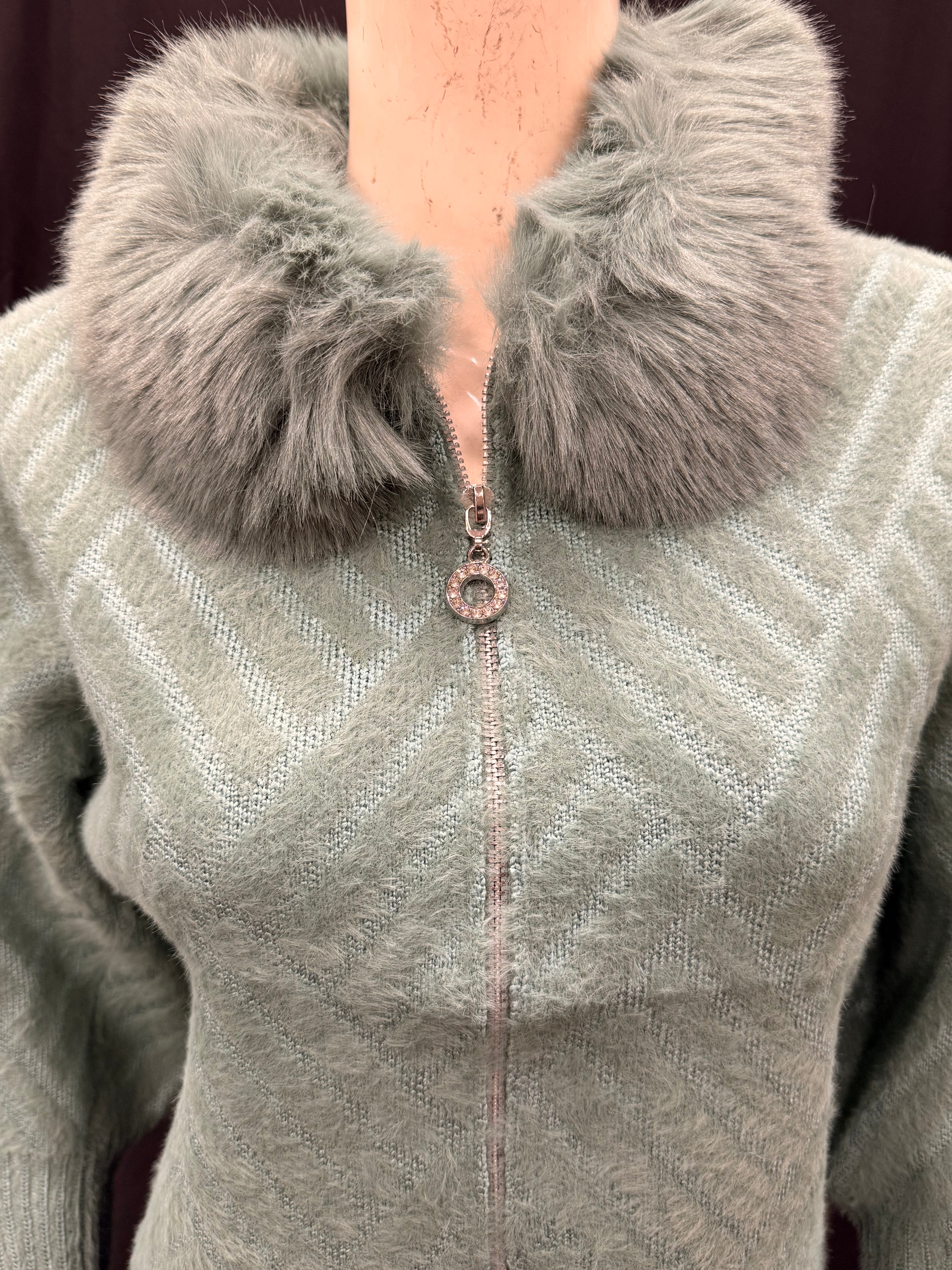 Luxury Fuzzy Knit Cardigan with Faux Fur Collar