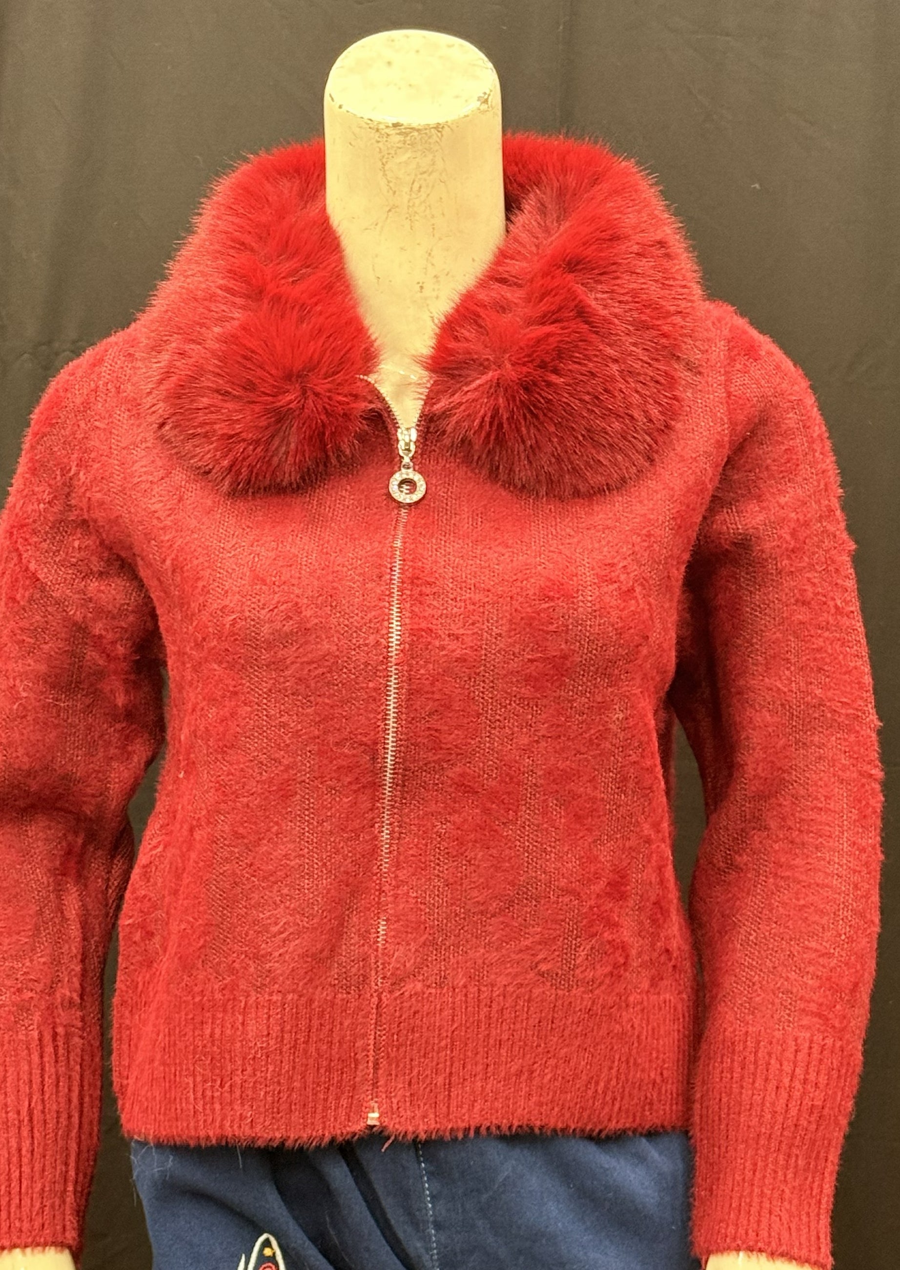 Red Fuzzy Knit Cardigan with Plush Faux Fur Collar