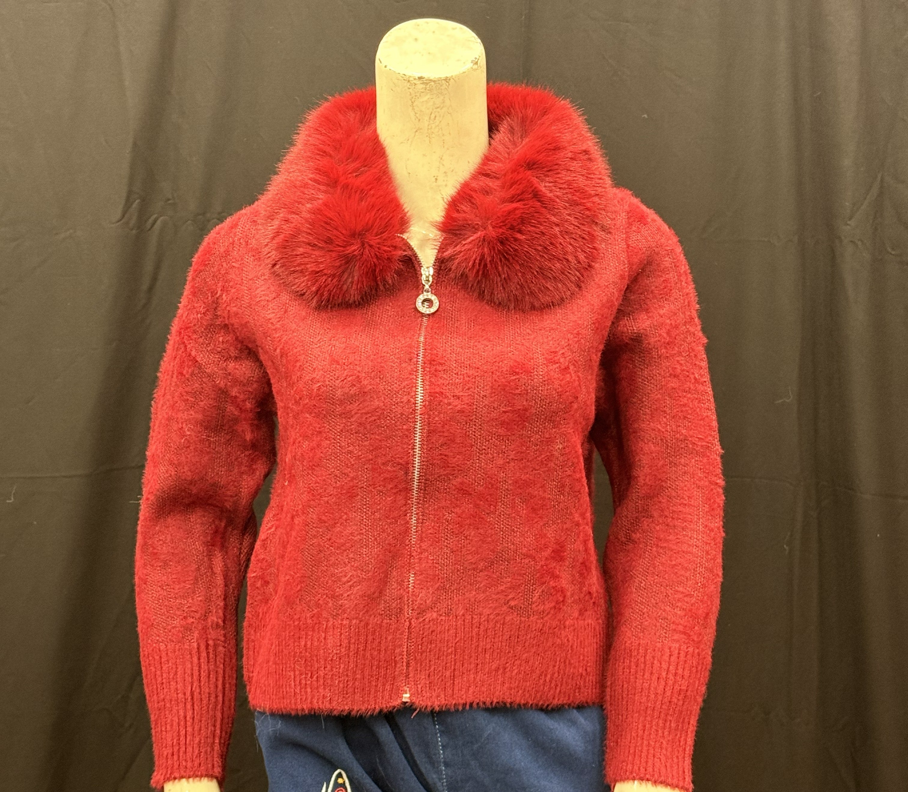 Red Fuzzy Knit Cardigan with Plush Faux Fur Collar