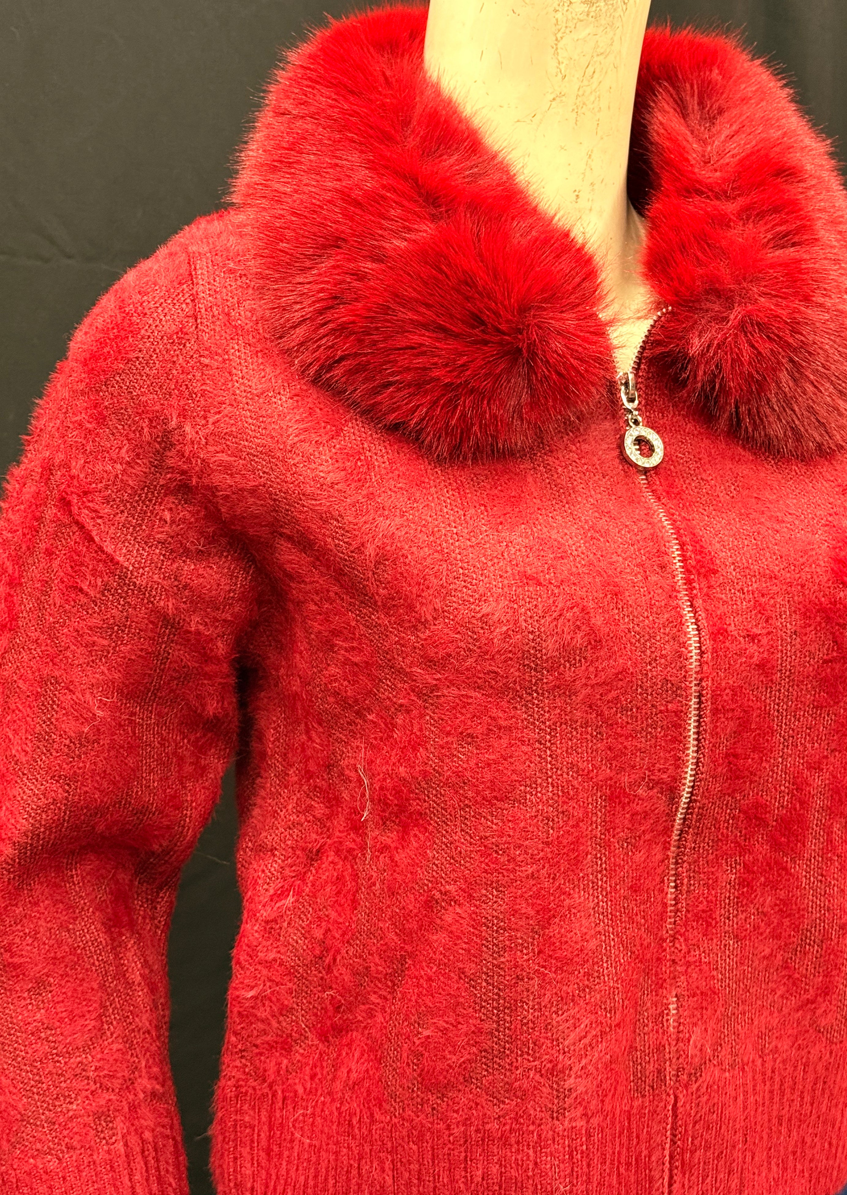 Red Fuzzy Knit Cardigan with Plush Faux Fur Collar
