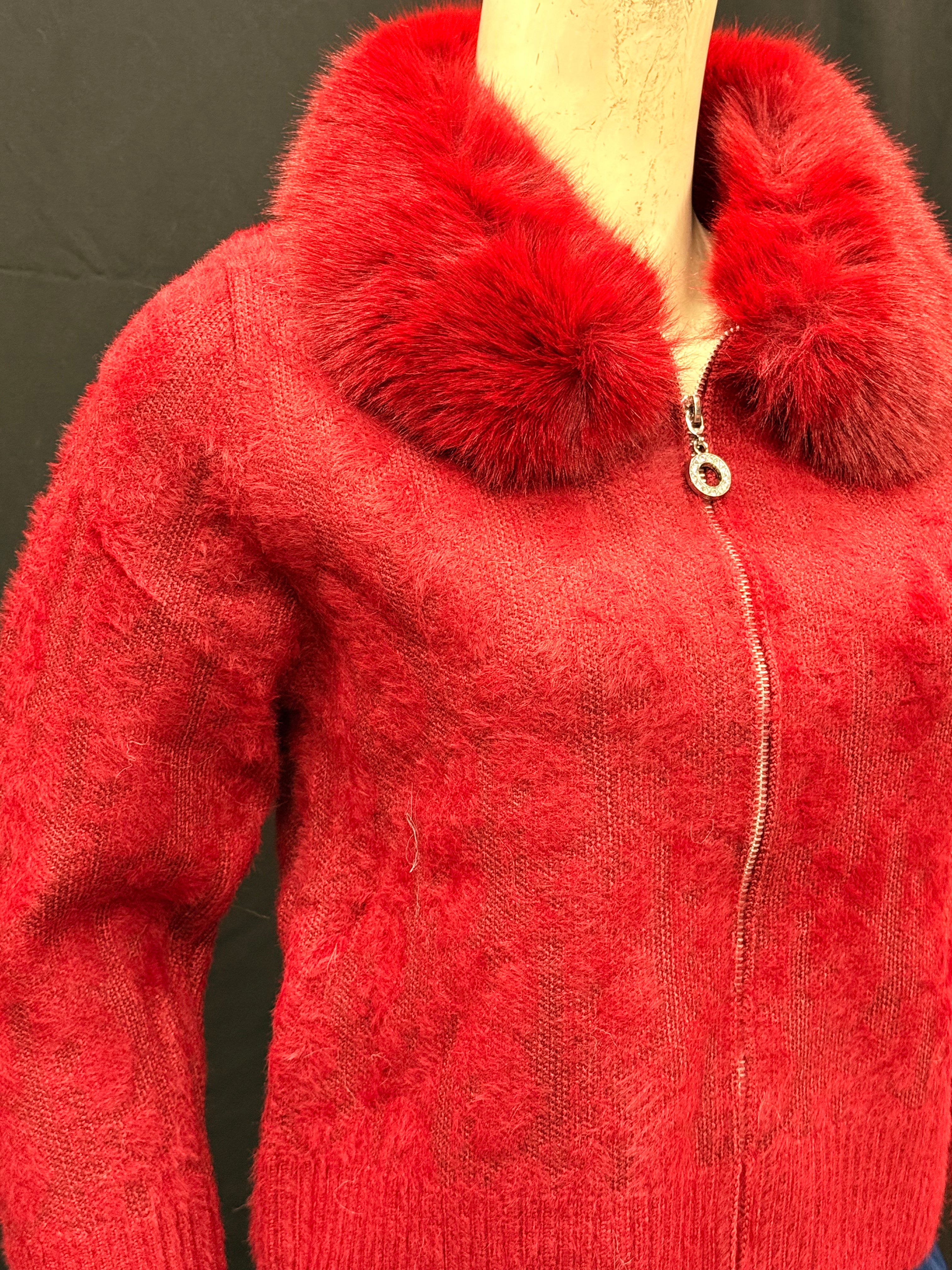 Red Fuzzy Knit Cardigan with Plush Faux Fur Collar