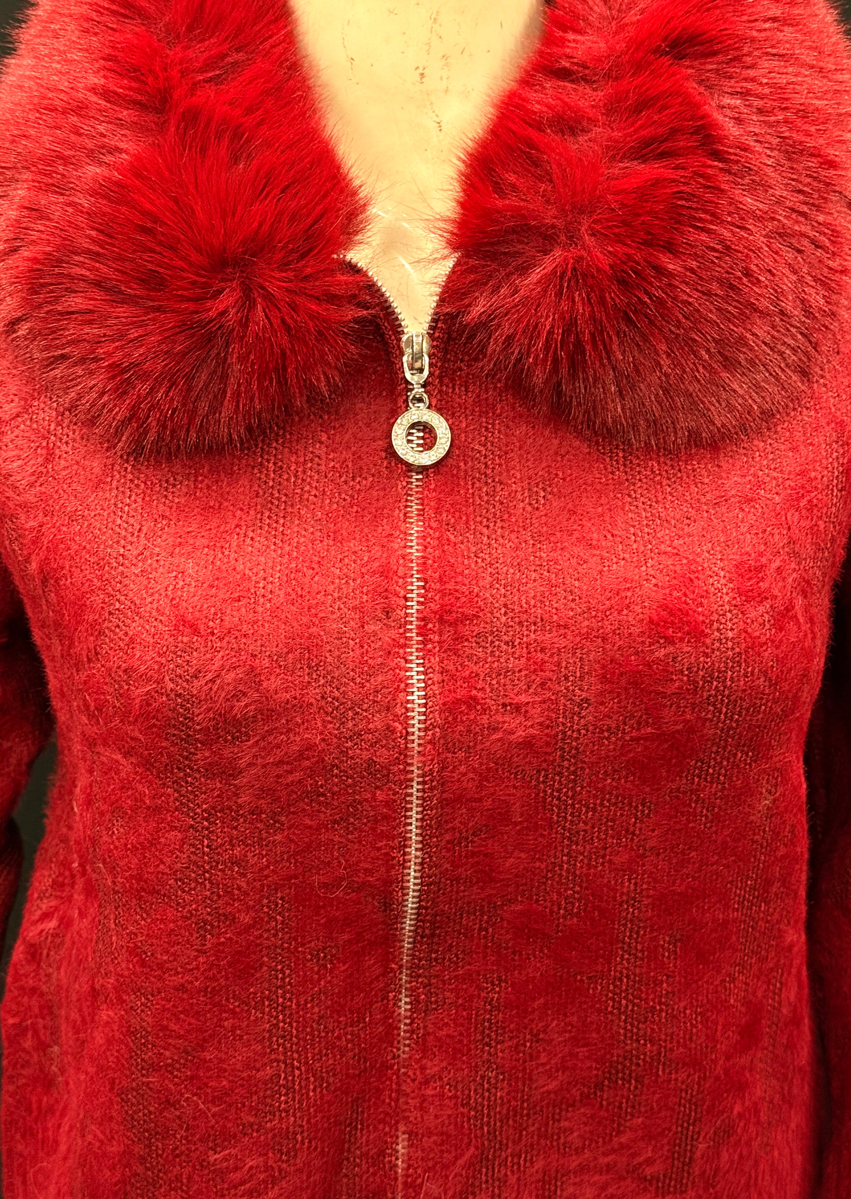 Red Fuzzy Knit Cardigan with Plush Faux Fur Collar