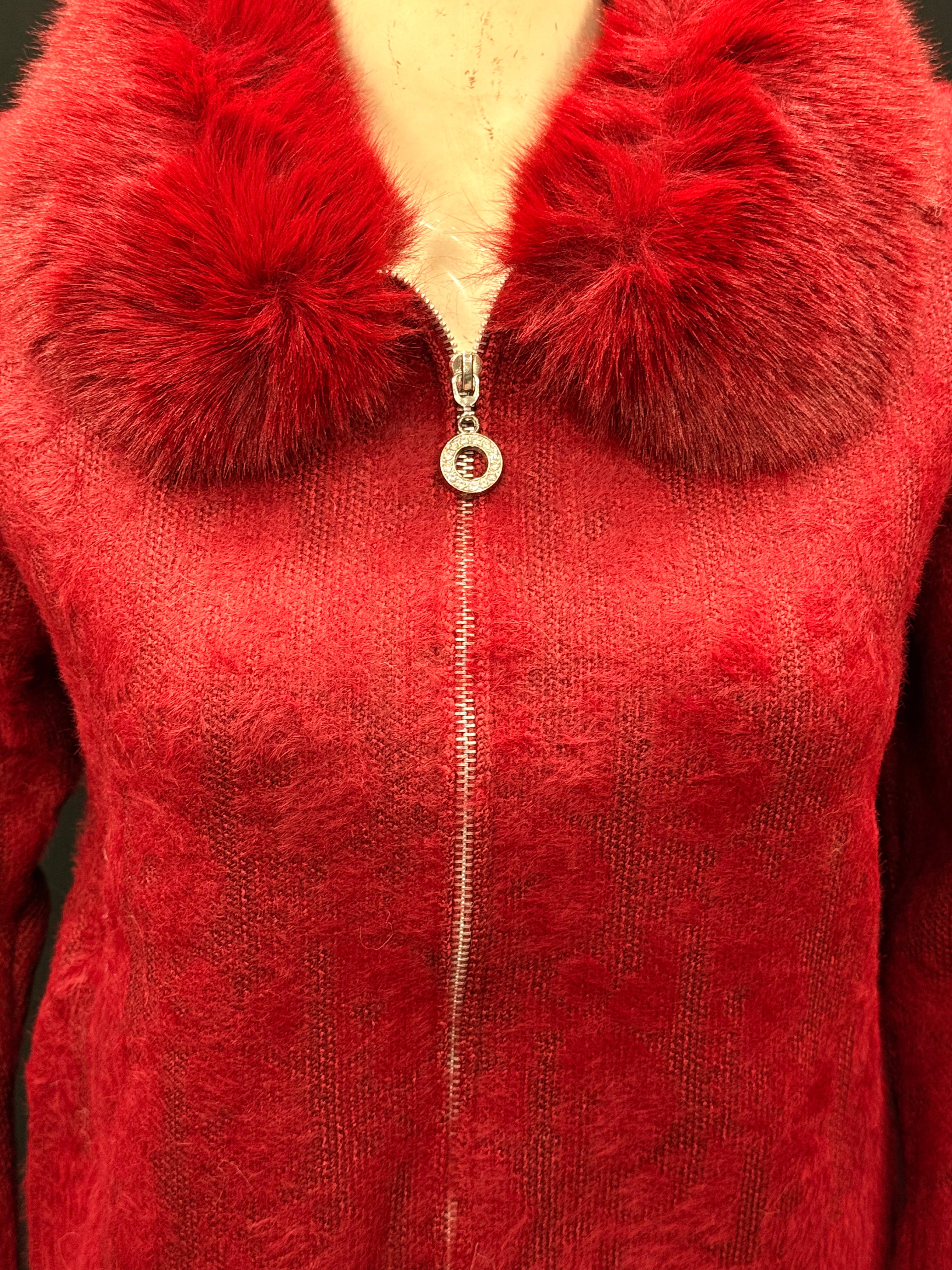 Red Fuzzy Knit Cardigan with Plush Faux Fur Collar