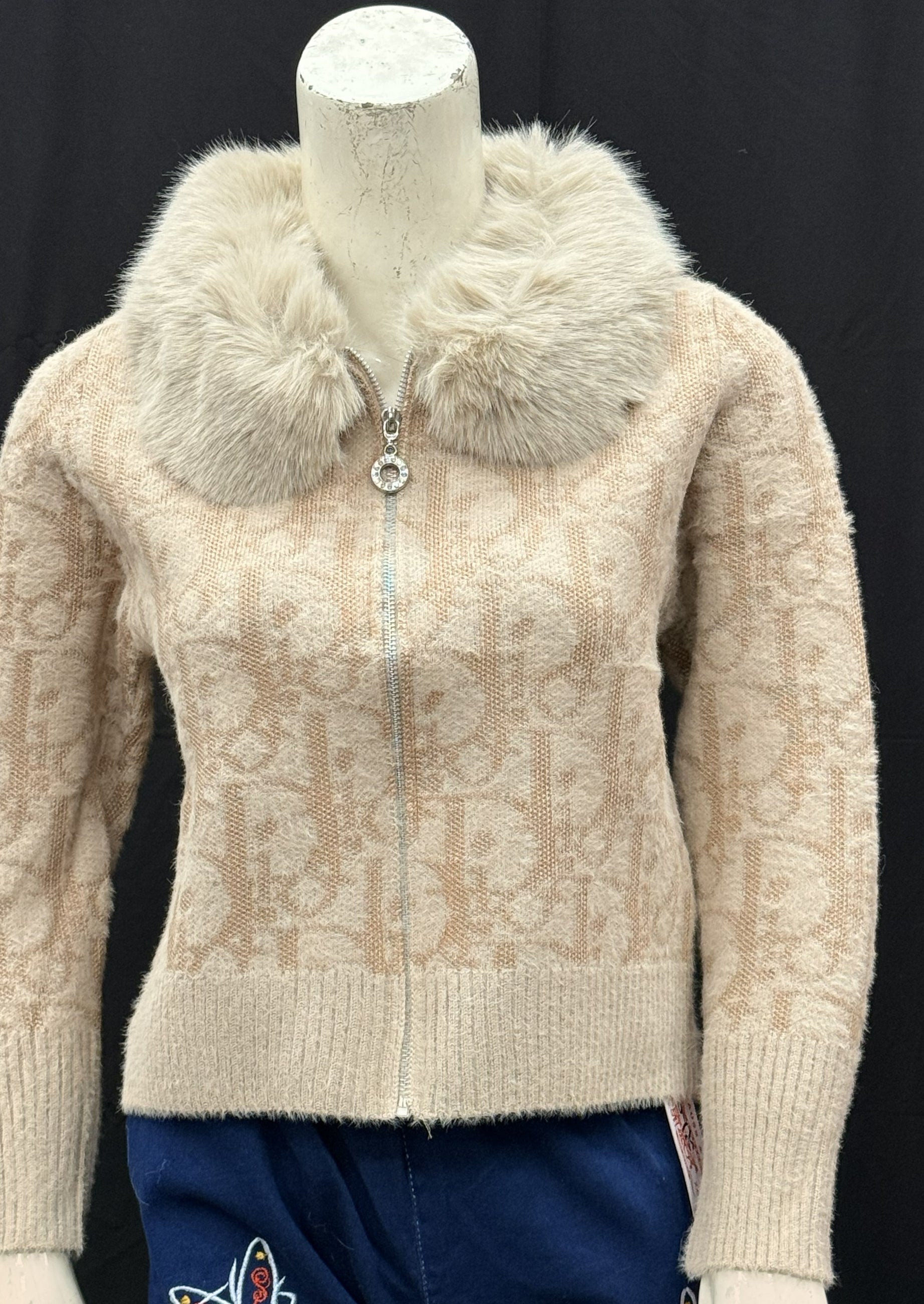 Beige Fuzzy Knit Cardigan with Plush Faux Fur Collar