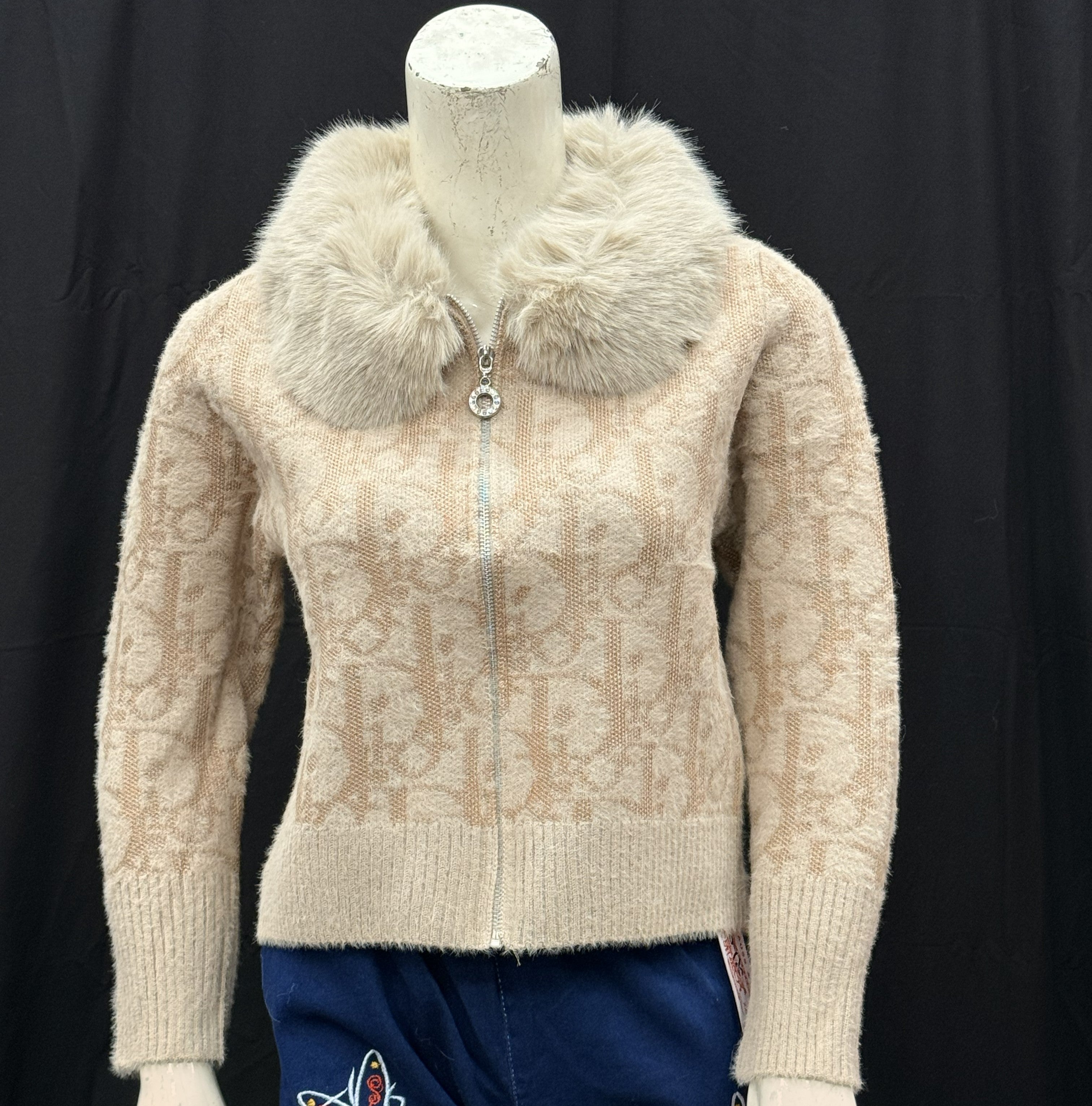 Beige Fuzzy Knit Cardigan with Plush Faux Fur Collar