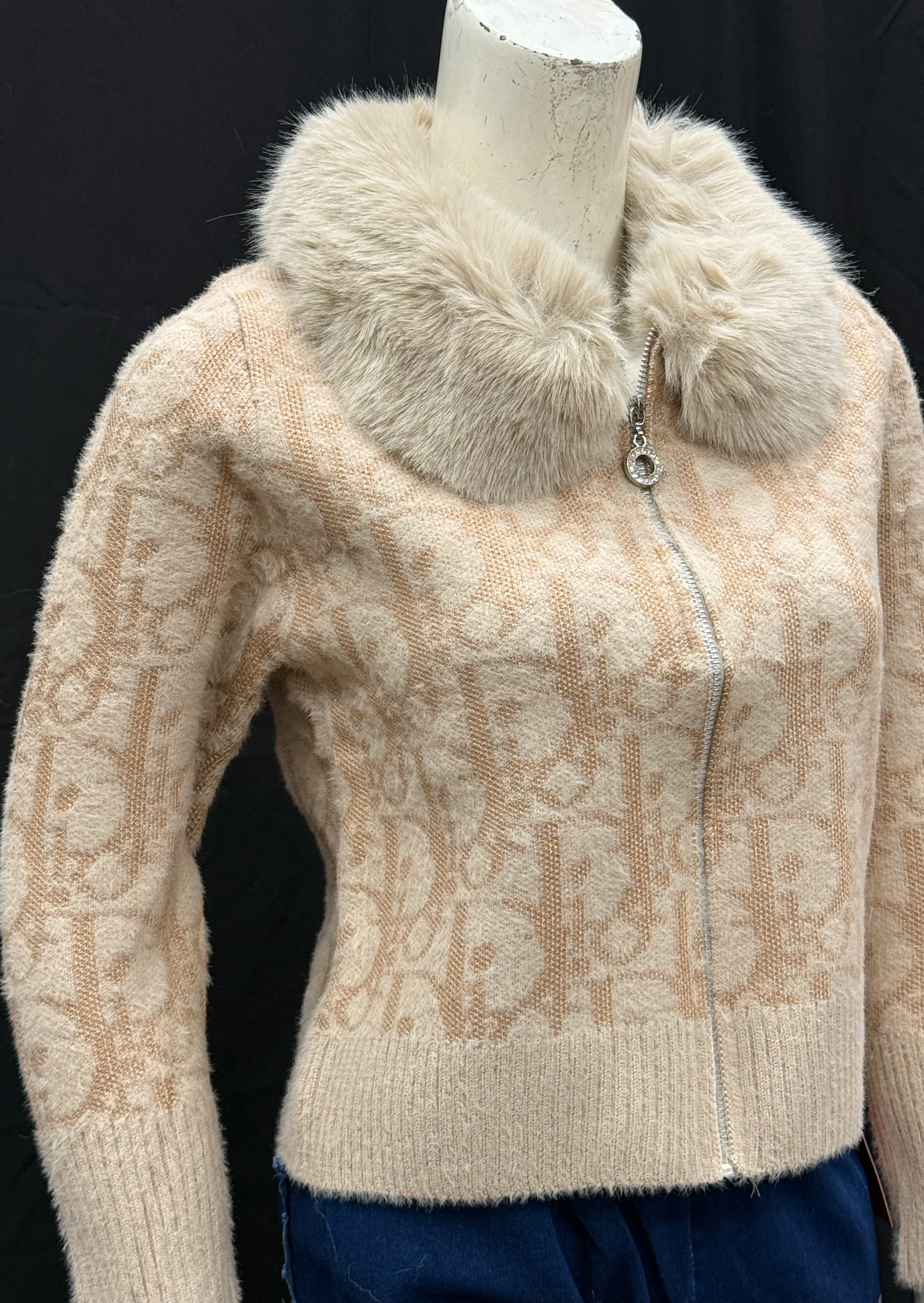 Beige Fuzzy Knit Cardigan with Plush Faux Fur Collar