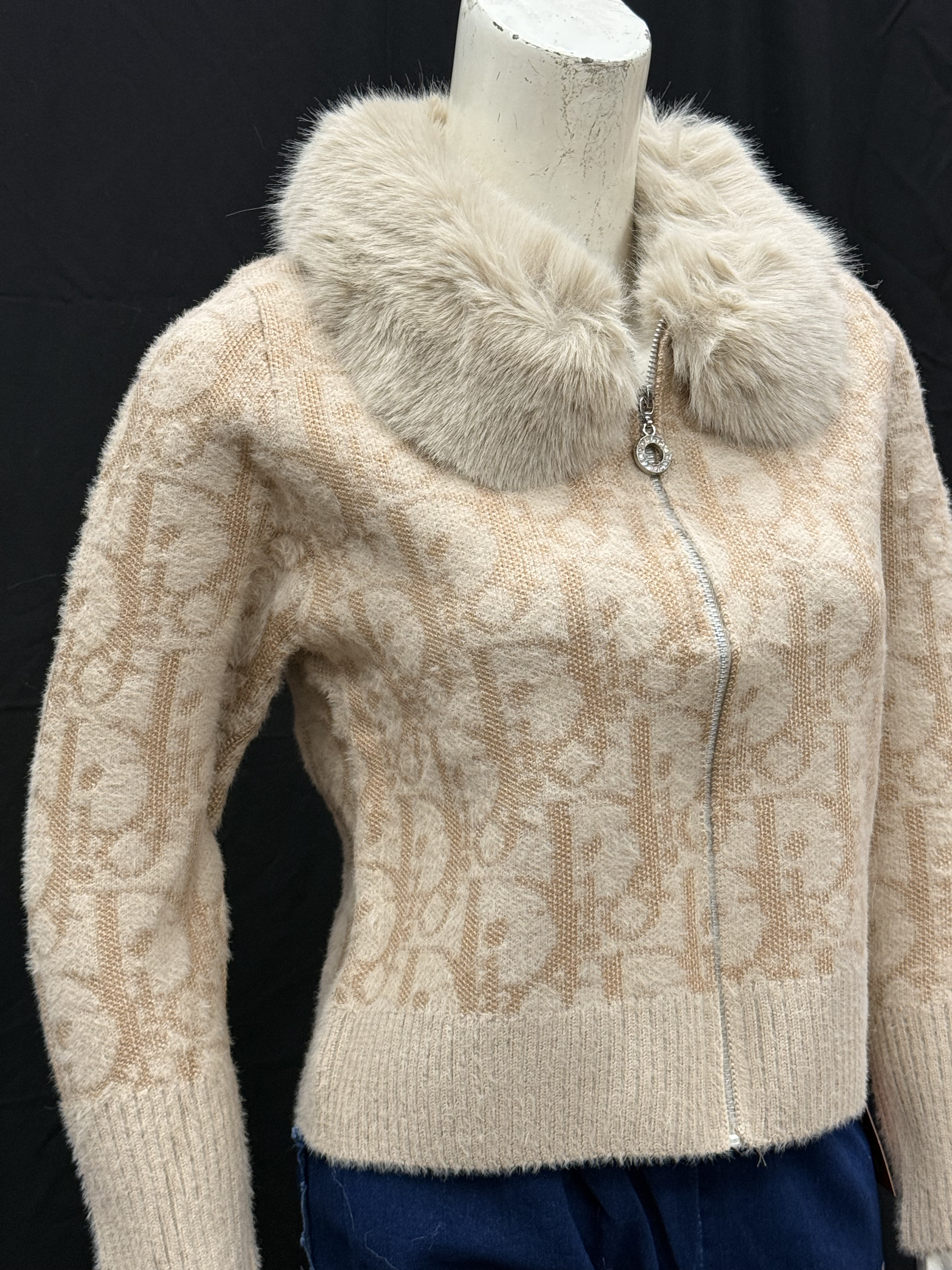 Beige Fuzzy Knit Cardigan with Plush Faux Fur Collar