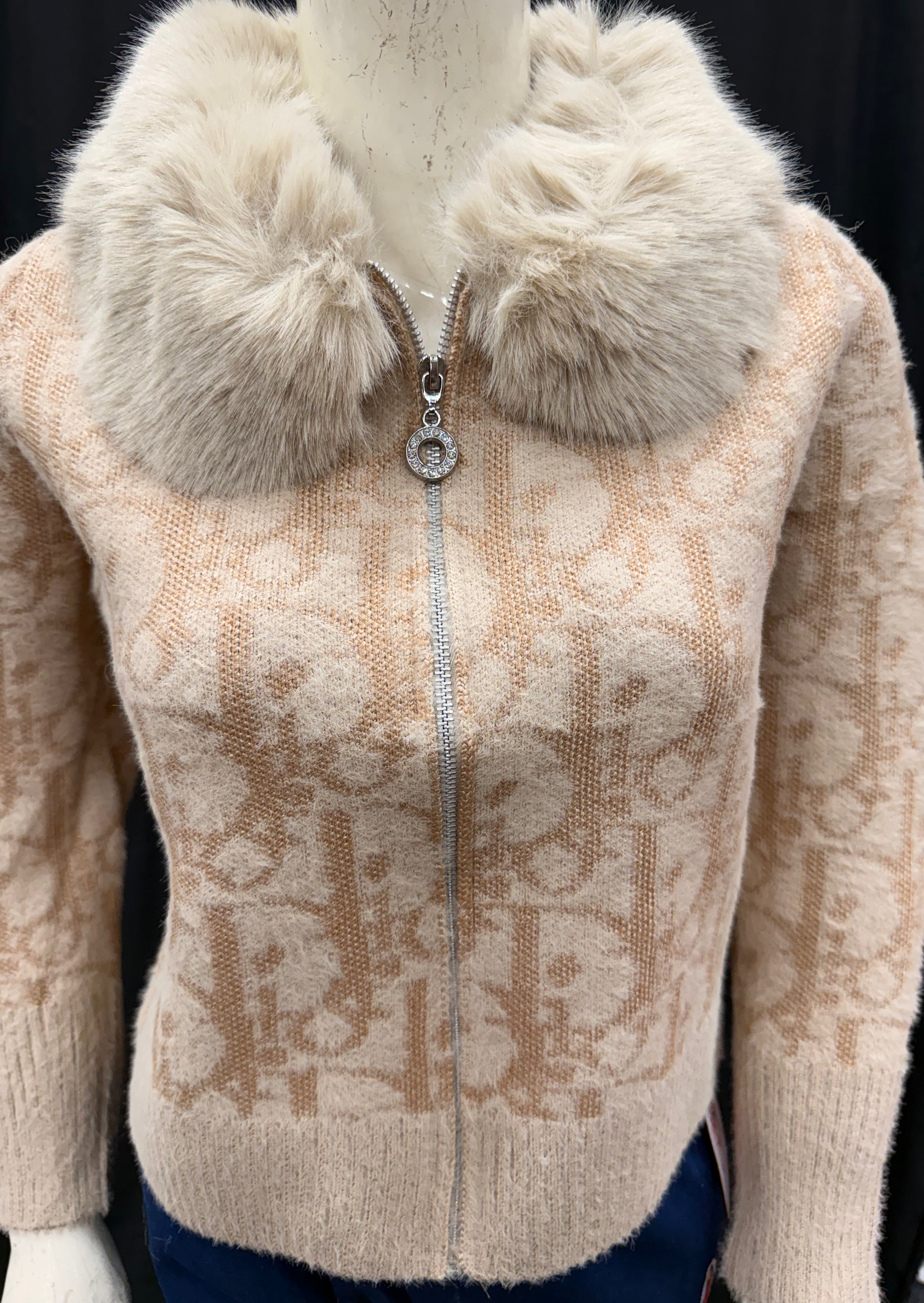 Beige Fuzzy Knit Cardigan with Plush Faux Fur Collar
