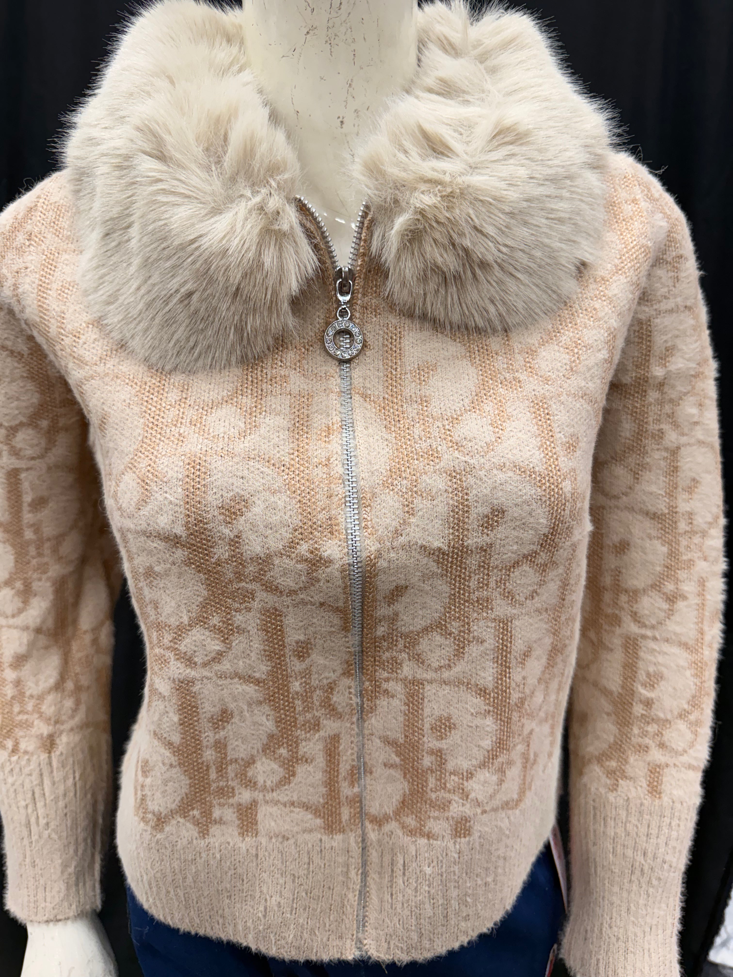 Beige Fuzzy Knit Cardigan with Plush Faux Fur Collar