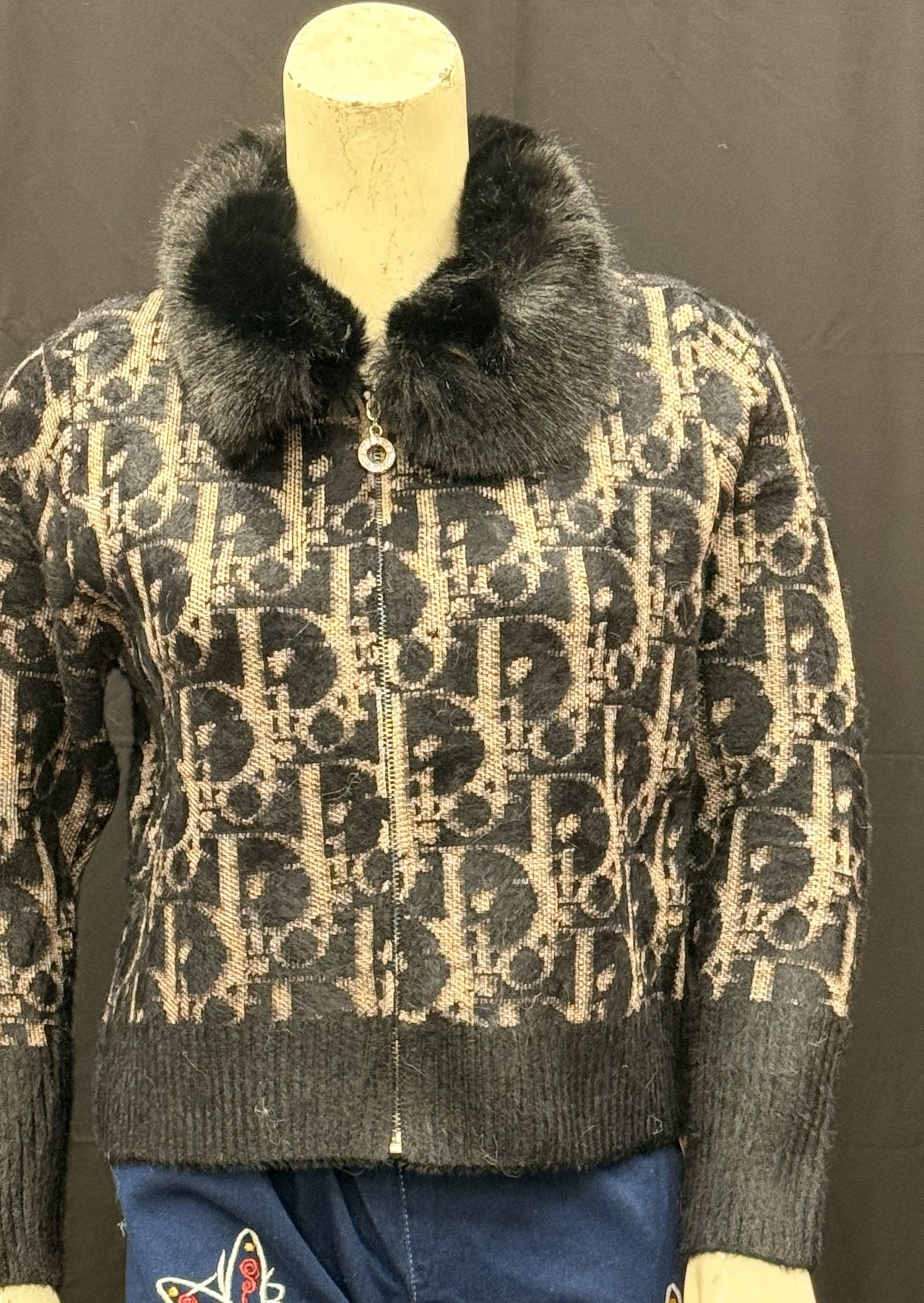 black Leopard Knit Cardigan with Faux Fur Collar
