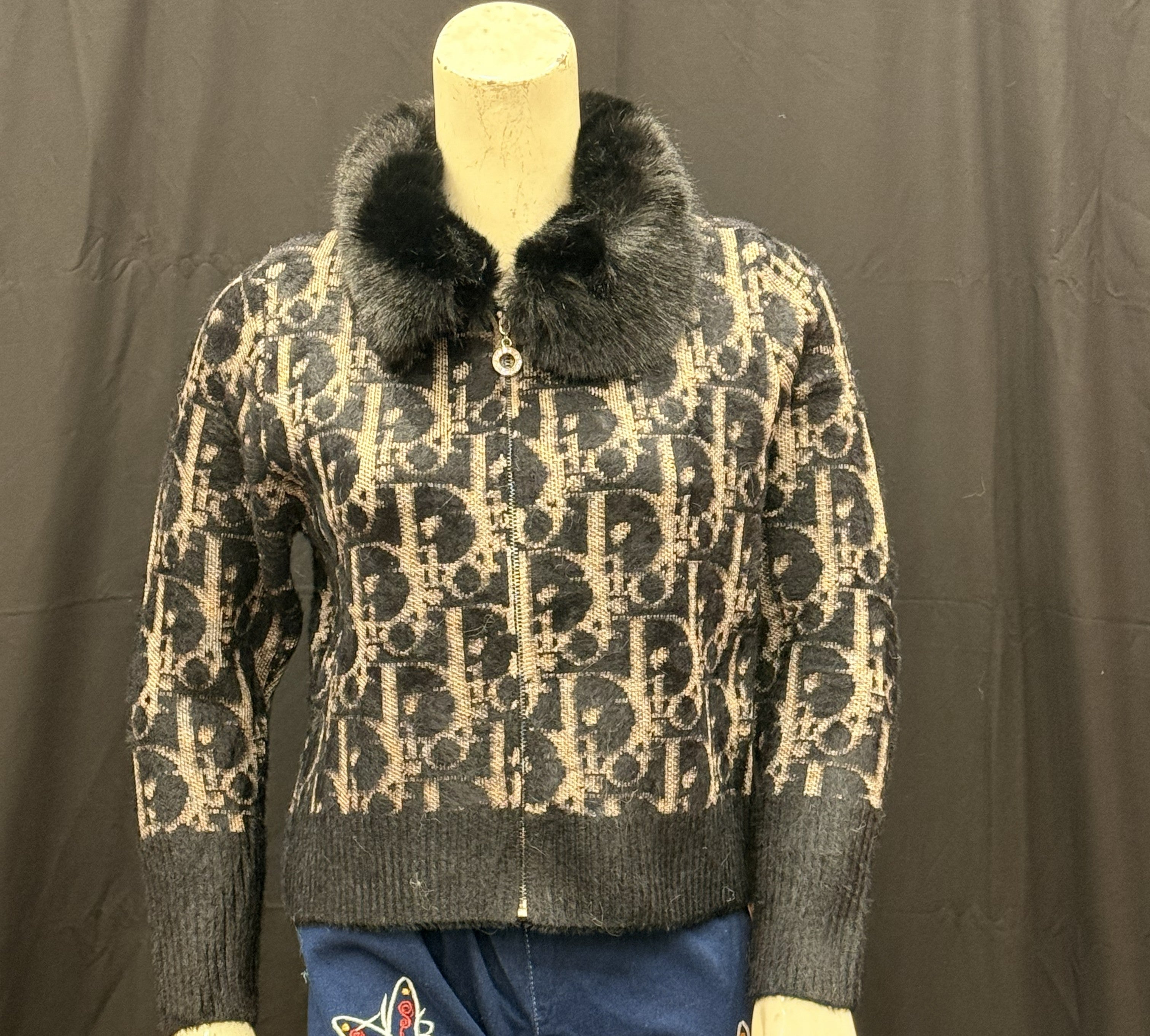 black Leopard Knit Cardigan with Faux Fur Collar