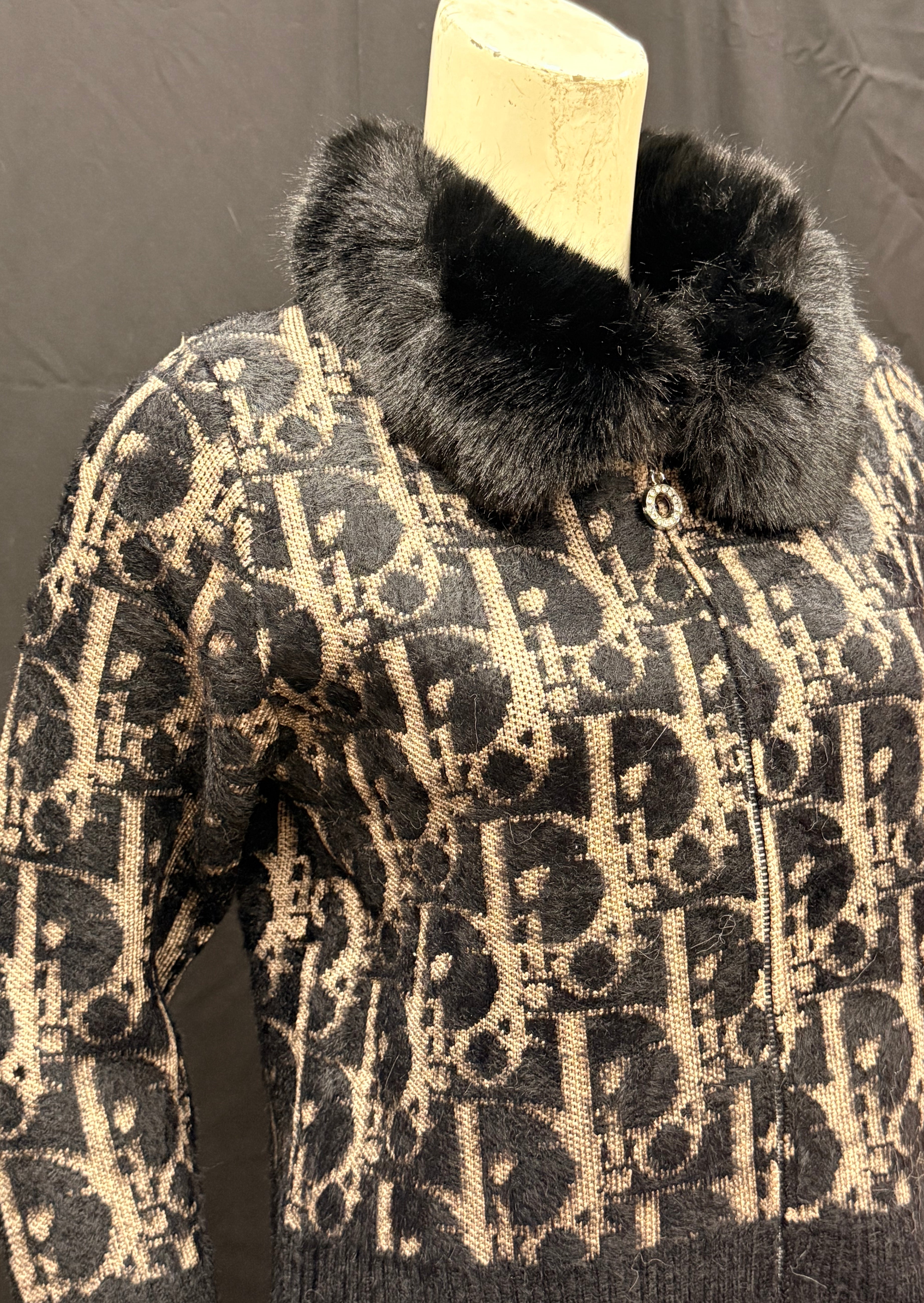 black Leopard Knit Cardigan with Faux Fur Collar