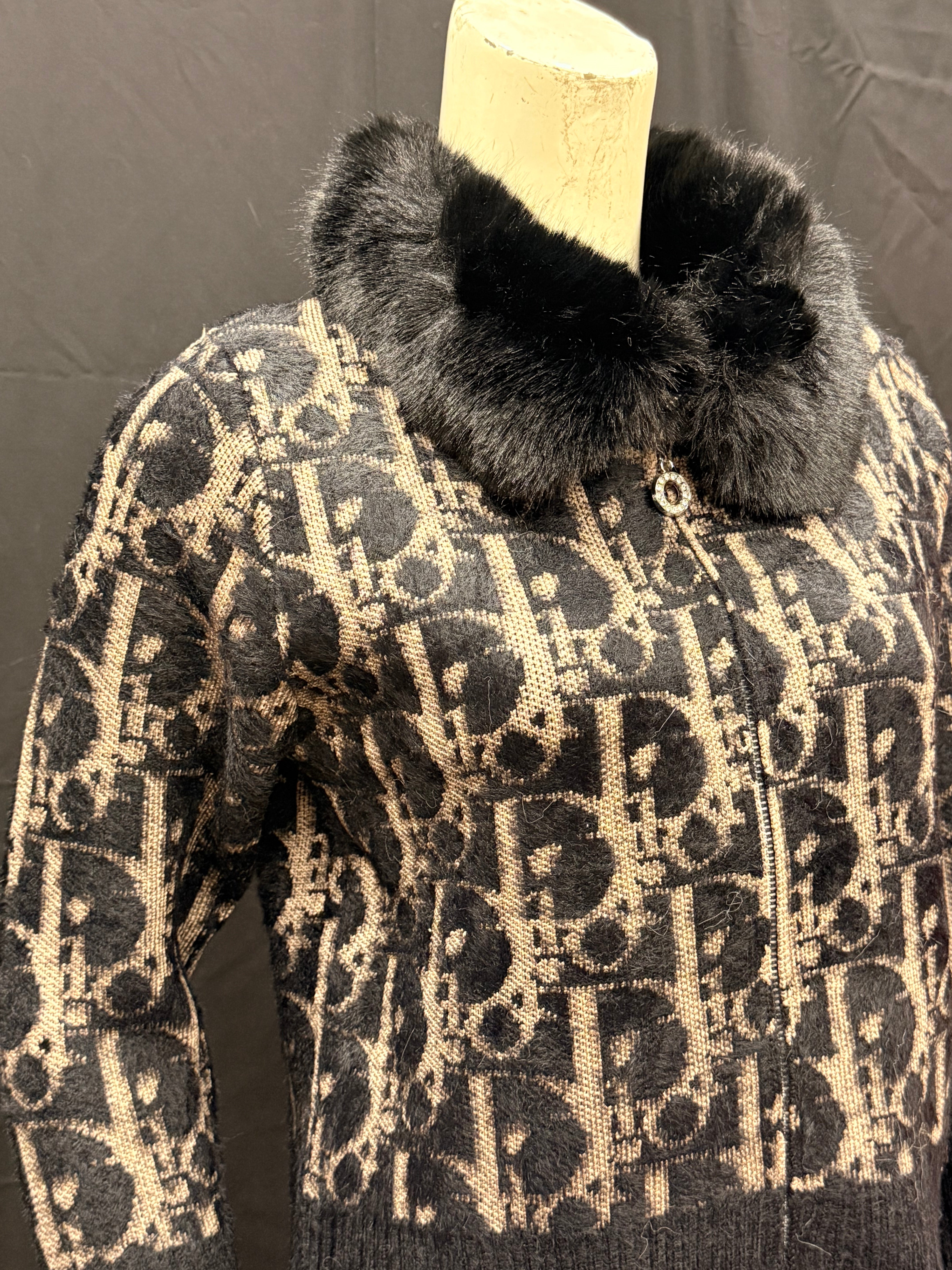 black Leopard Knit Cardigan with Faux Fur Collar