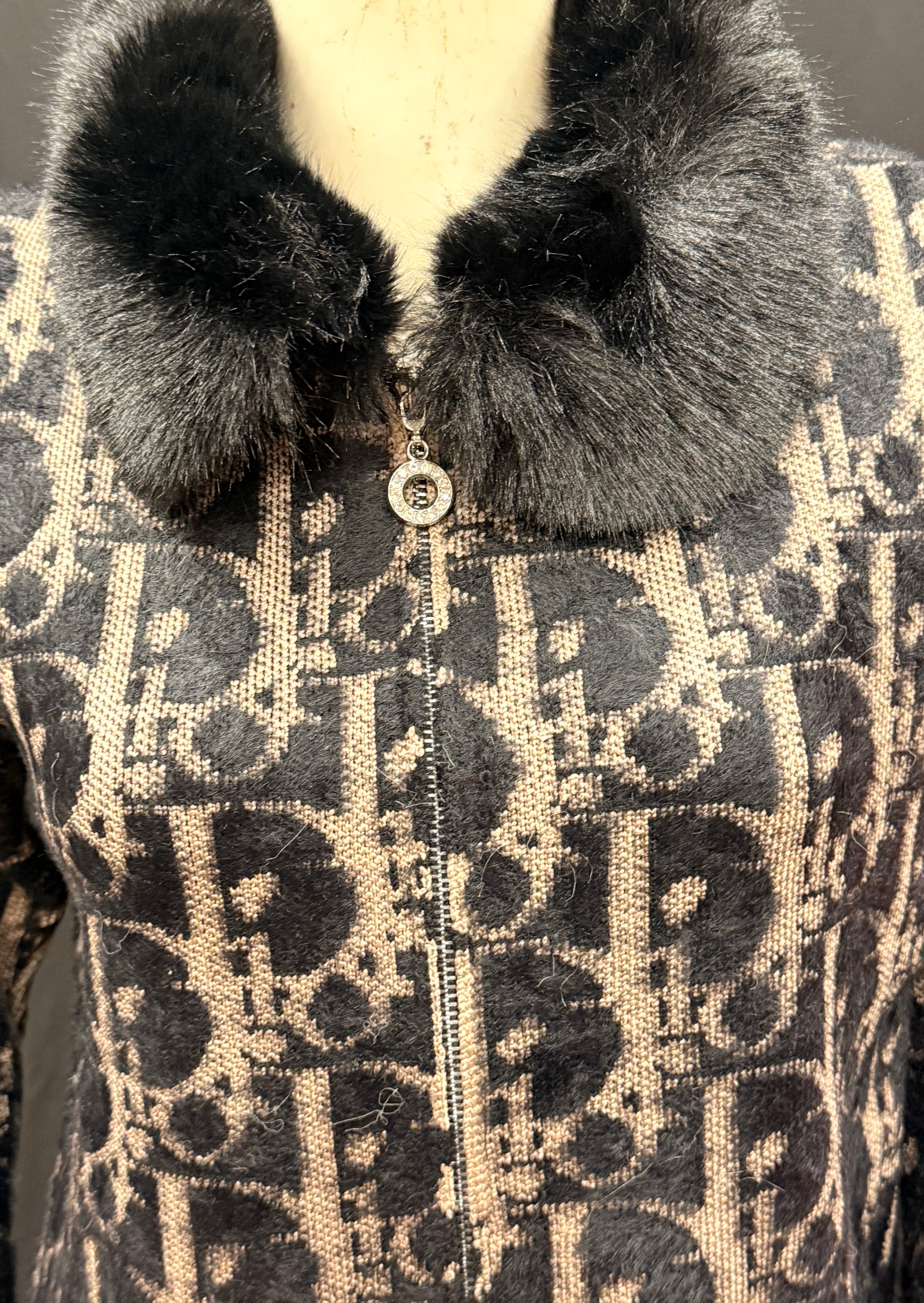 black Leopard Knit Cardigan with Faux Fur Collar