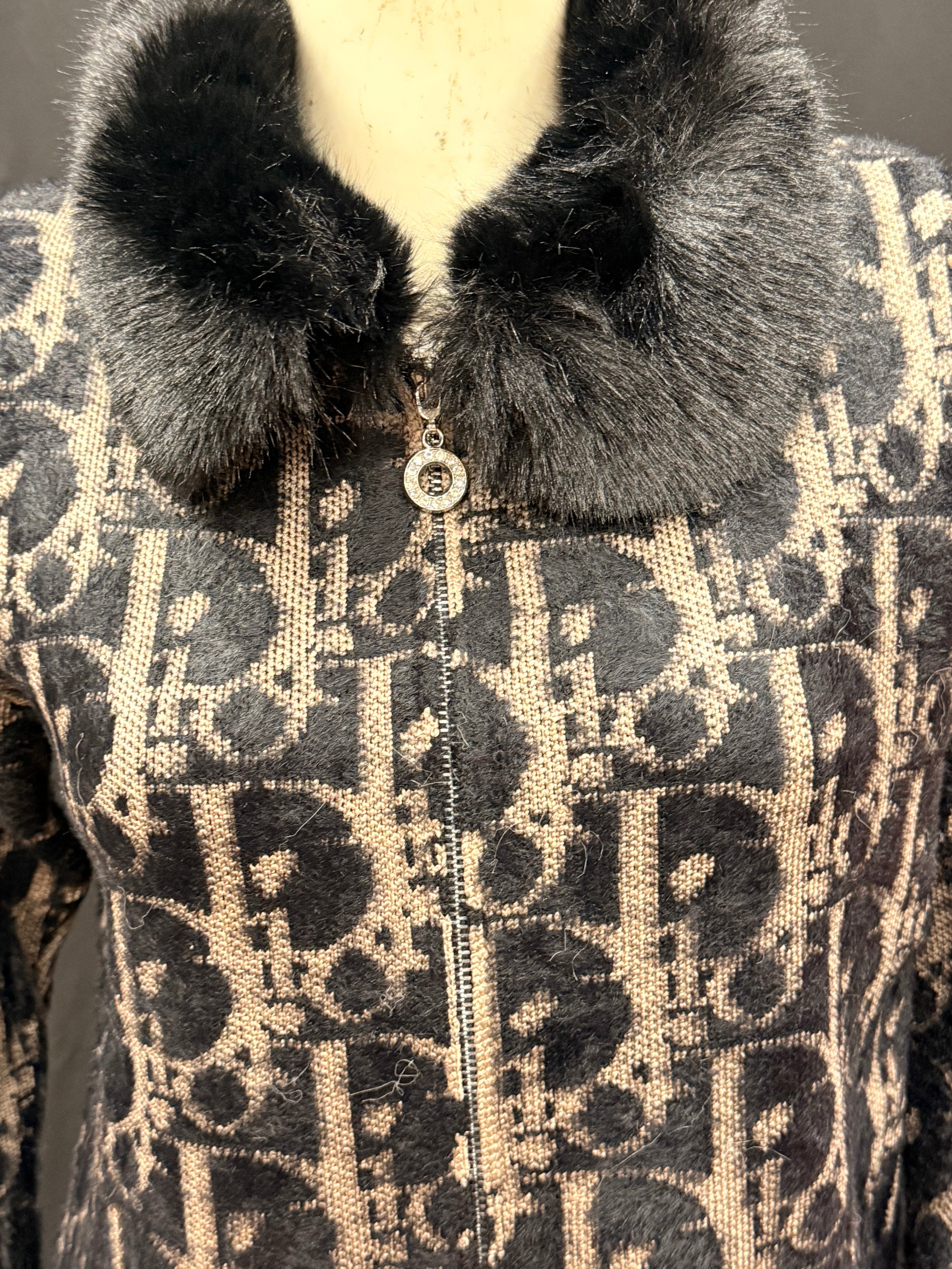 black Leopard Knit Cardigan with Faux Fur Collar