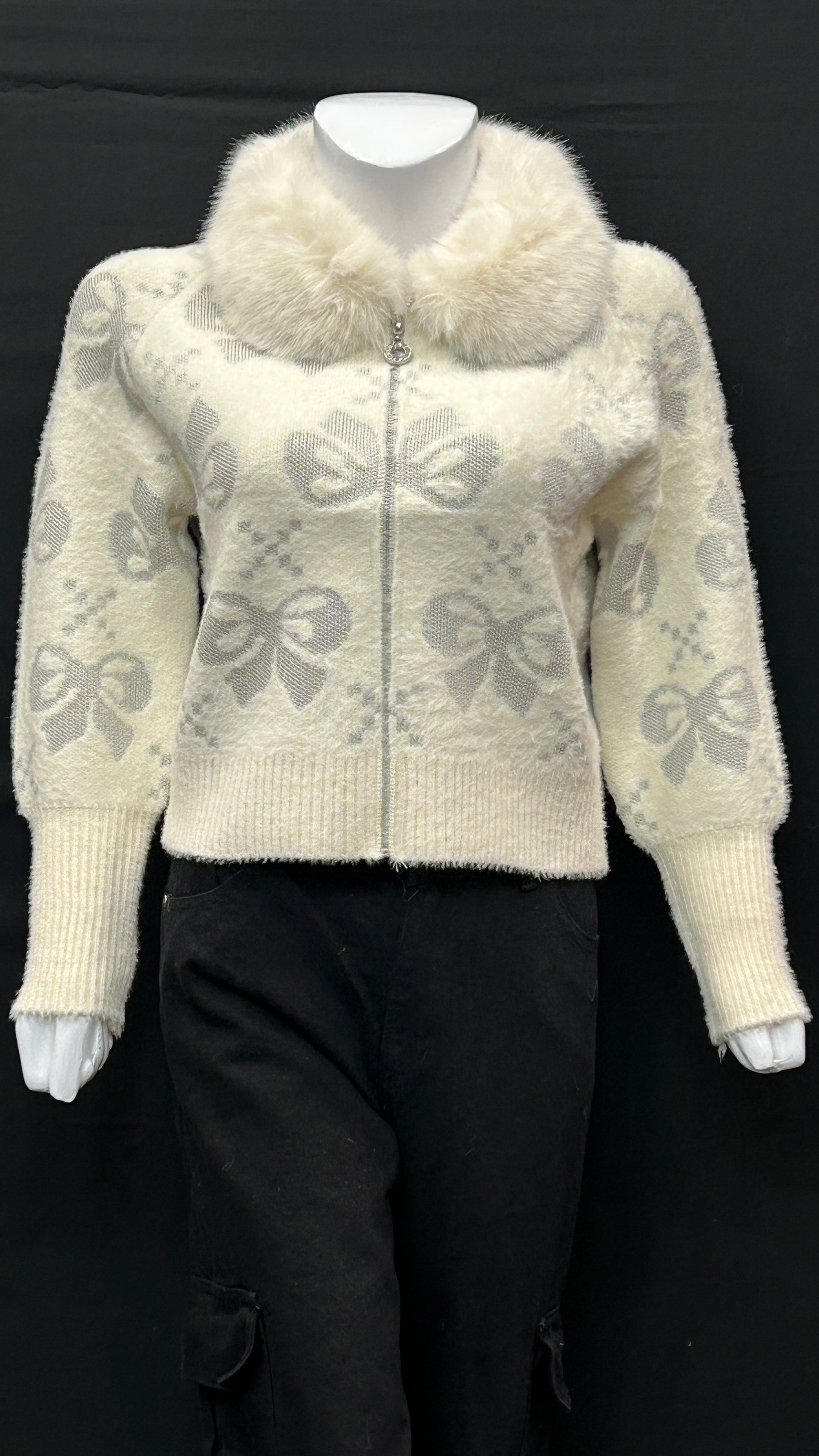 Off-White Fuzzy Knit Cardigan with Faux Fur Collar & Bow Pattern