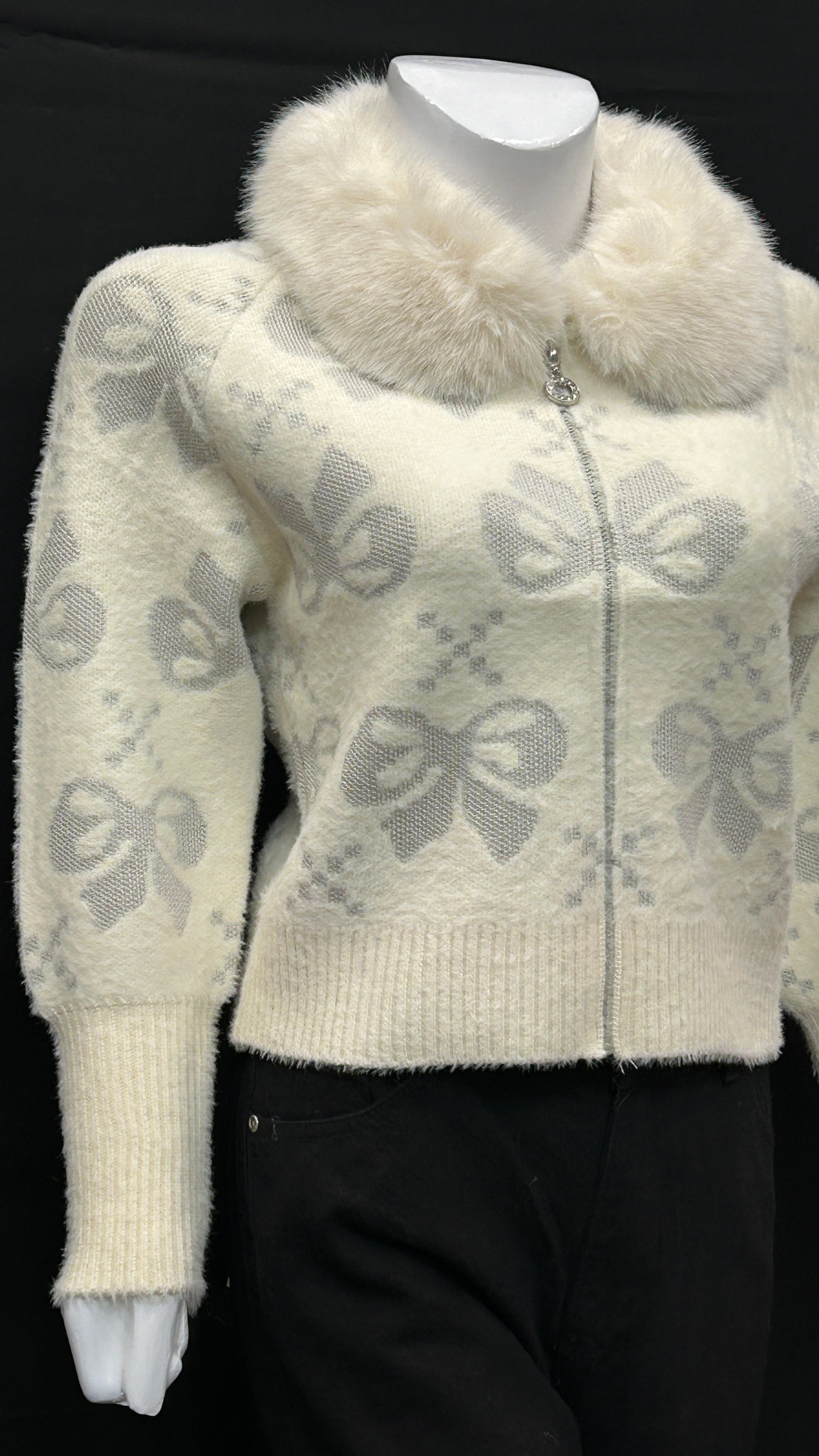 Off-White Fuzzy Knit Cardigan with Faux Fur Collar & Bow Pattern