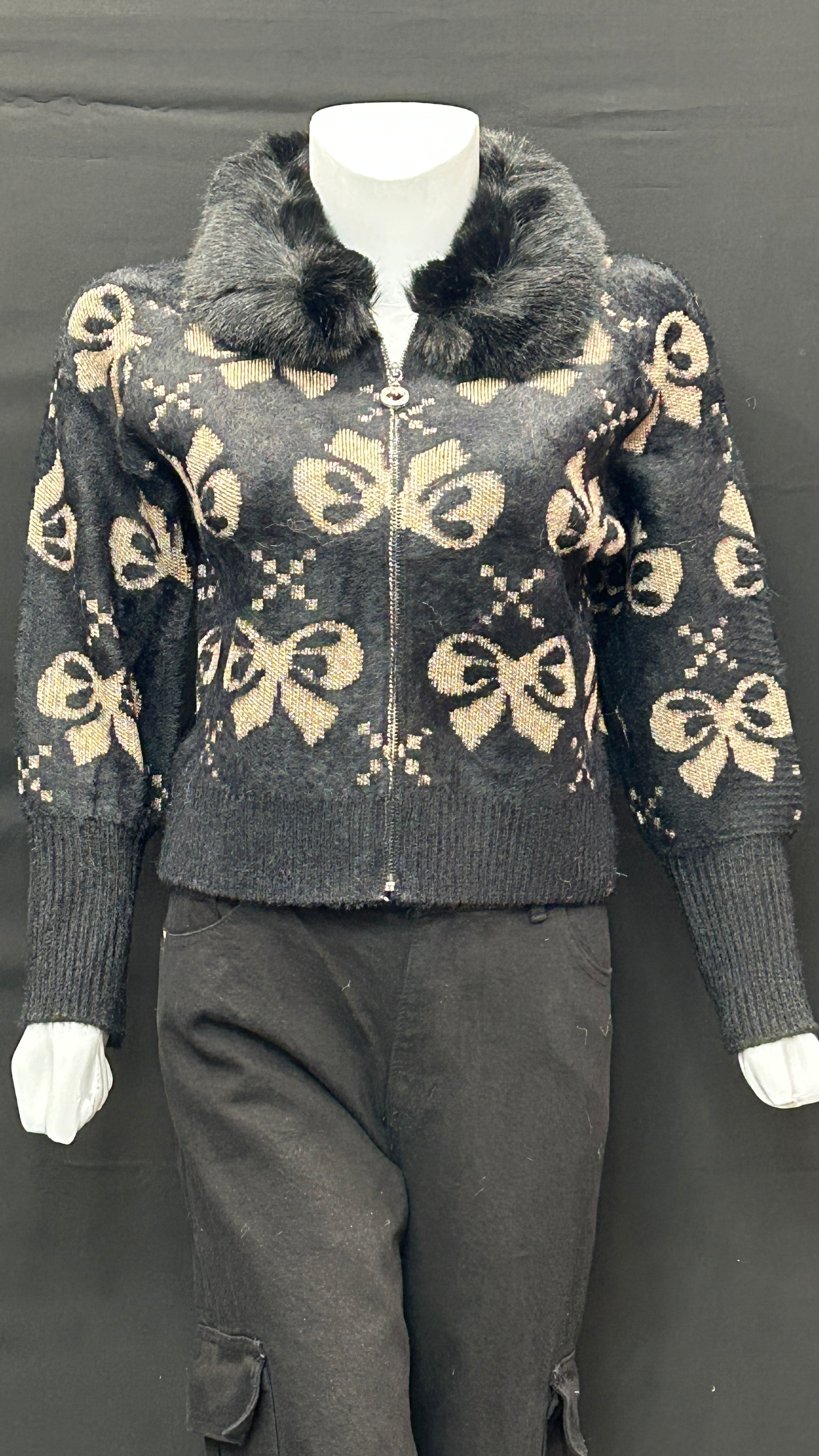 Black Bow-Pattern Knit Cardigan with Faux-Fur Collar