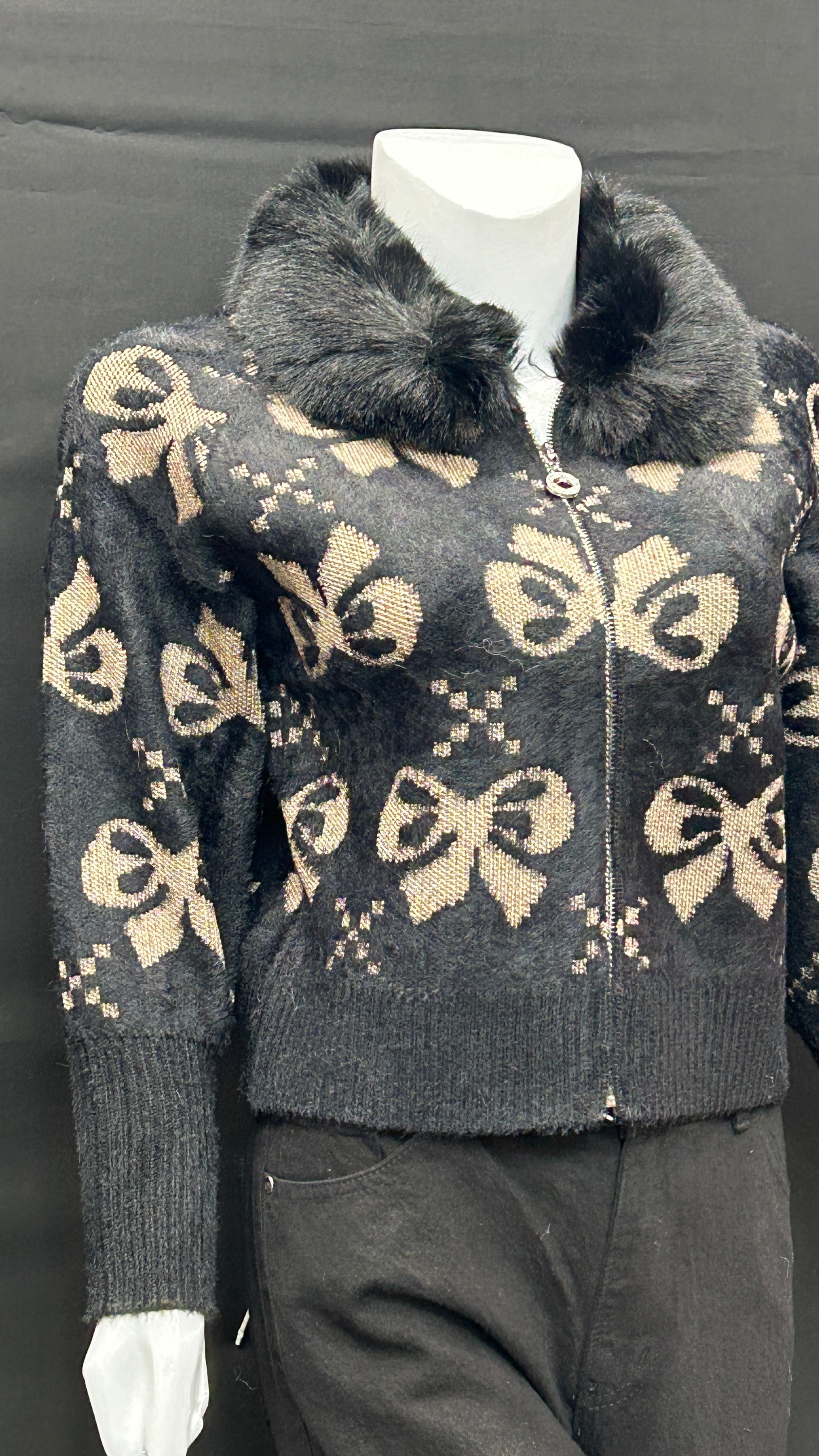 Black Bow-Pattern Knit Cardigan with Faux-Fur Collar