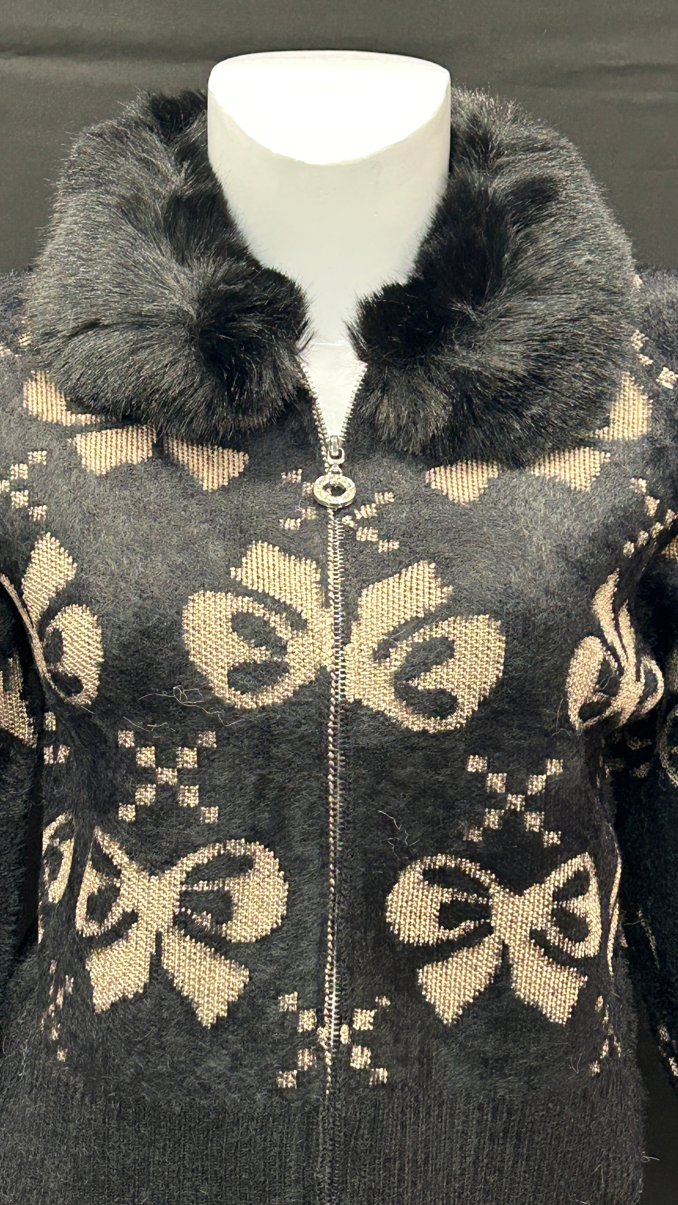 Black Bow-Pattern Knit Cardigan with Faux-Fur Collar