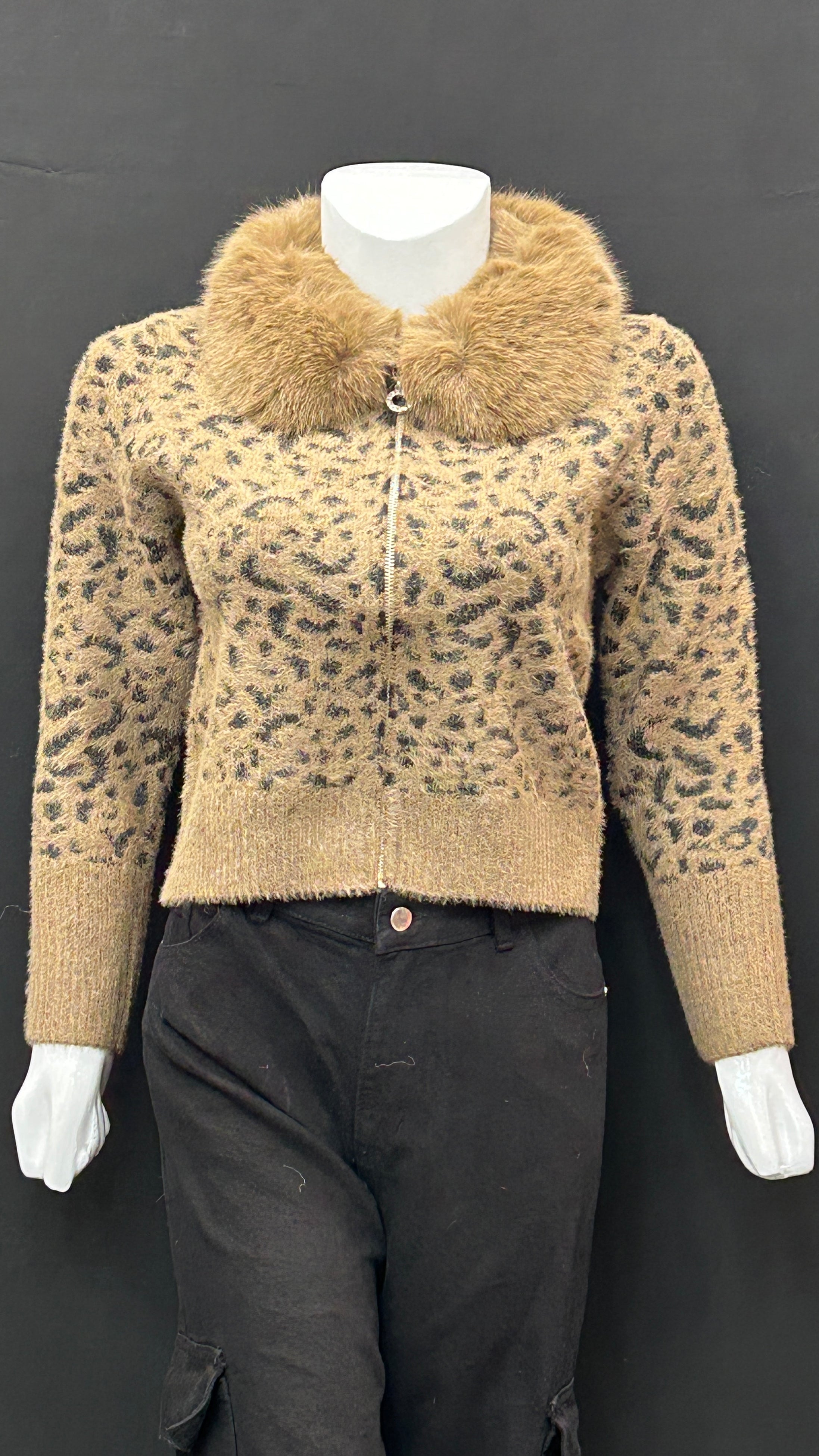 Camel Leopard Knit Cardigan with Faux-Fur Collar