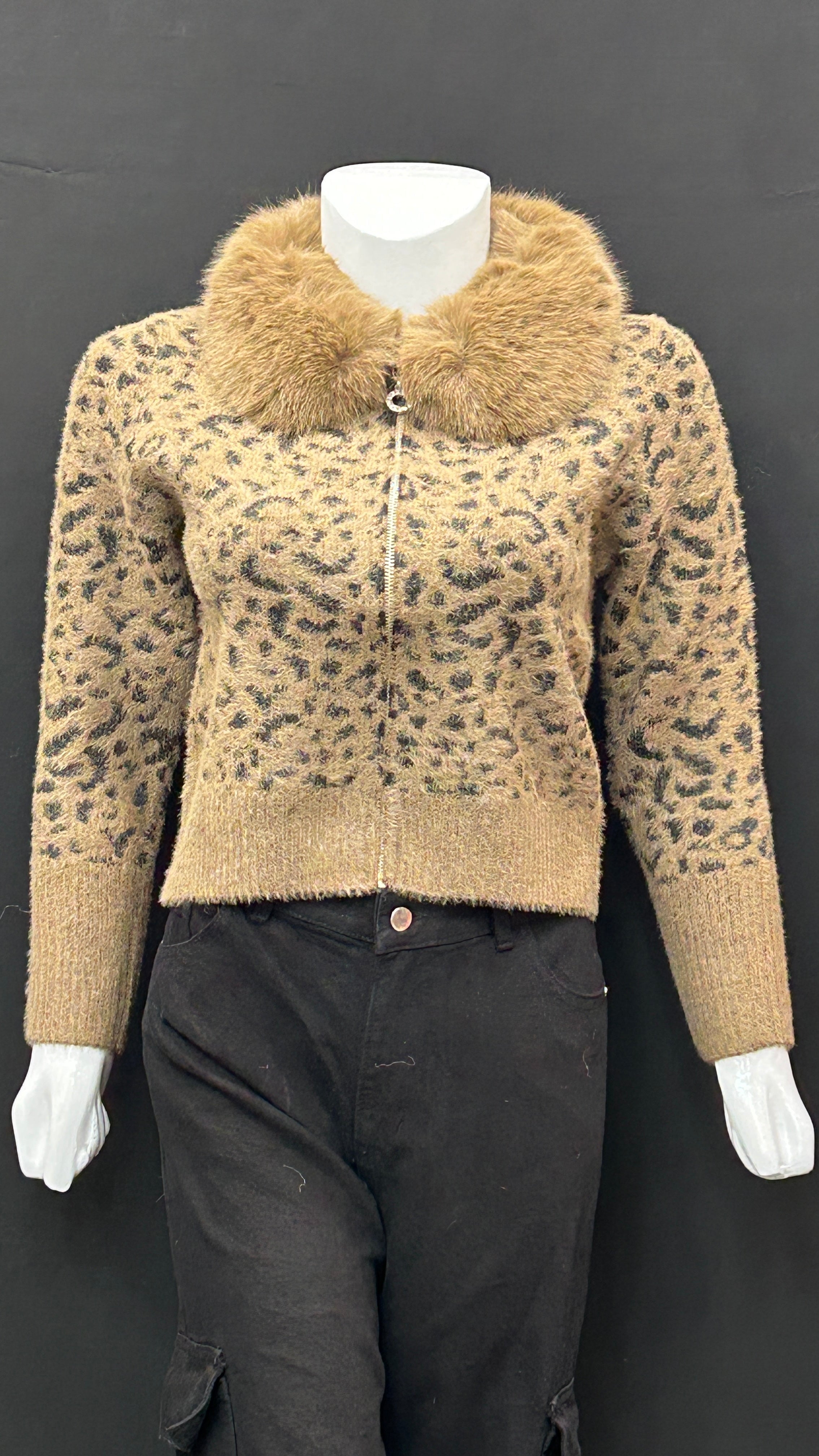 Camel Leopard Knit Cardigan with Faux-Fur Collar