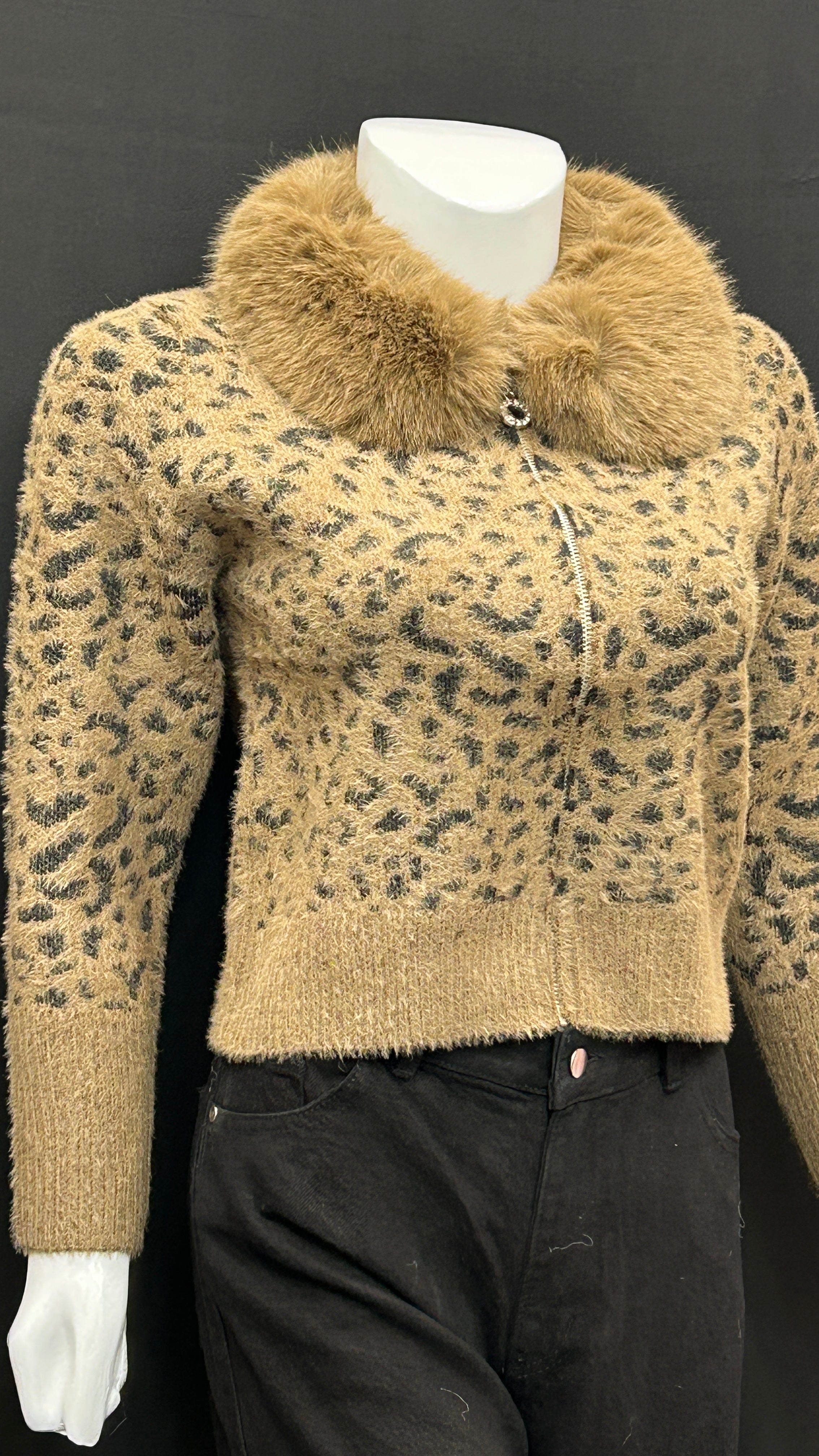 Camel Leopard Knit Cardigan with Faux-Fur Collar