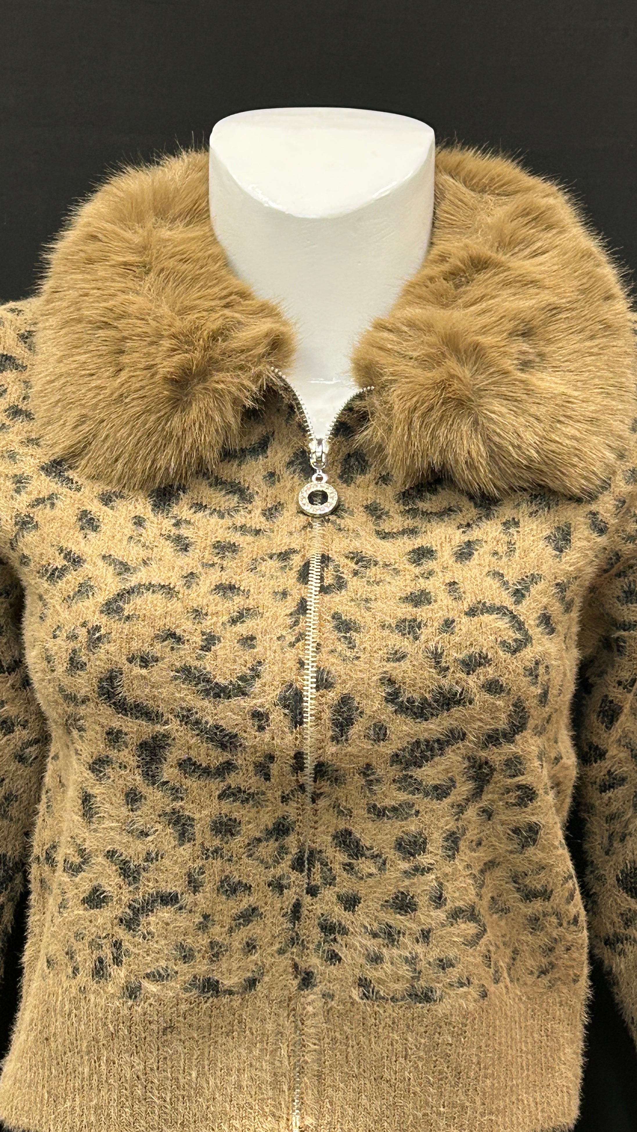 Camel Leopard Knit Cardigan with Faux-Fur Collar