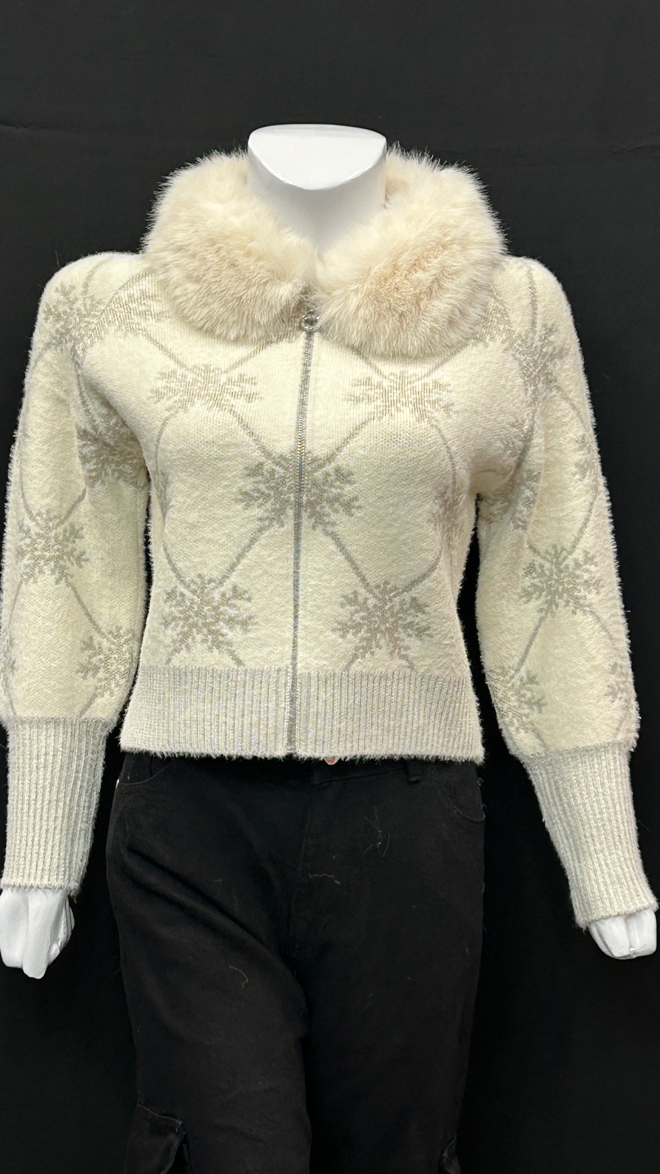 Winter White Snowflake Cardigan with Soft Fur Collar