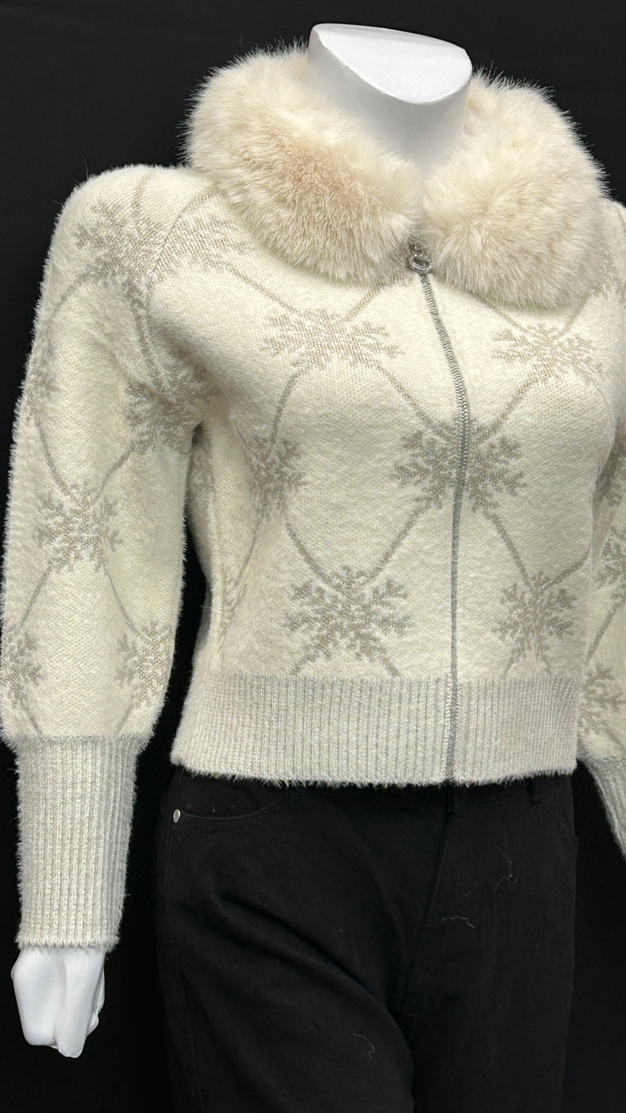 Winter White Snowflake Cardigan with Soft Fur Collar