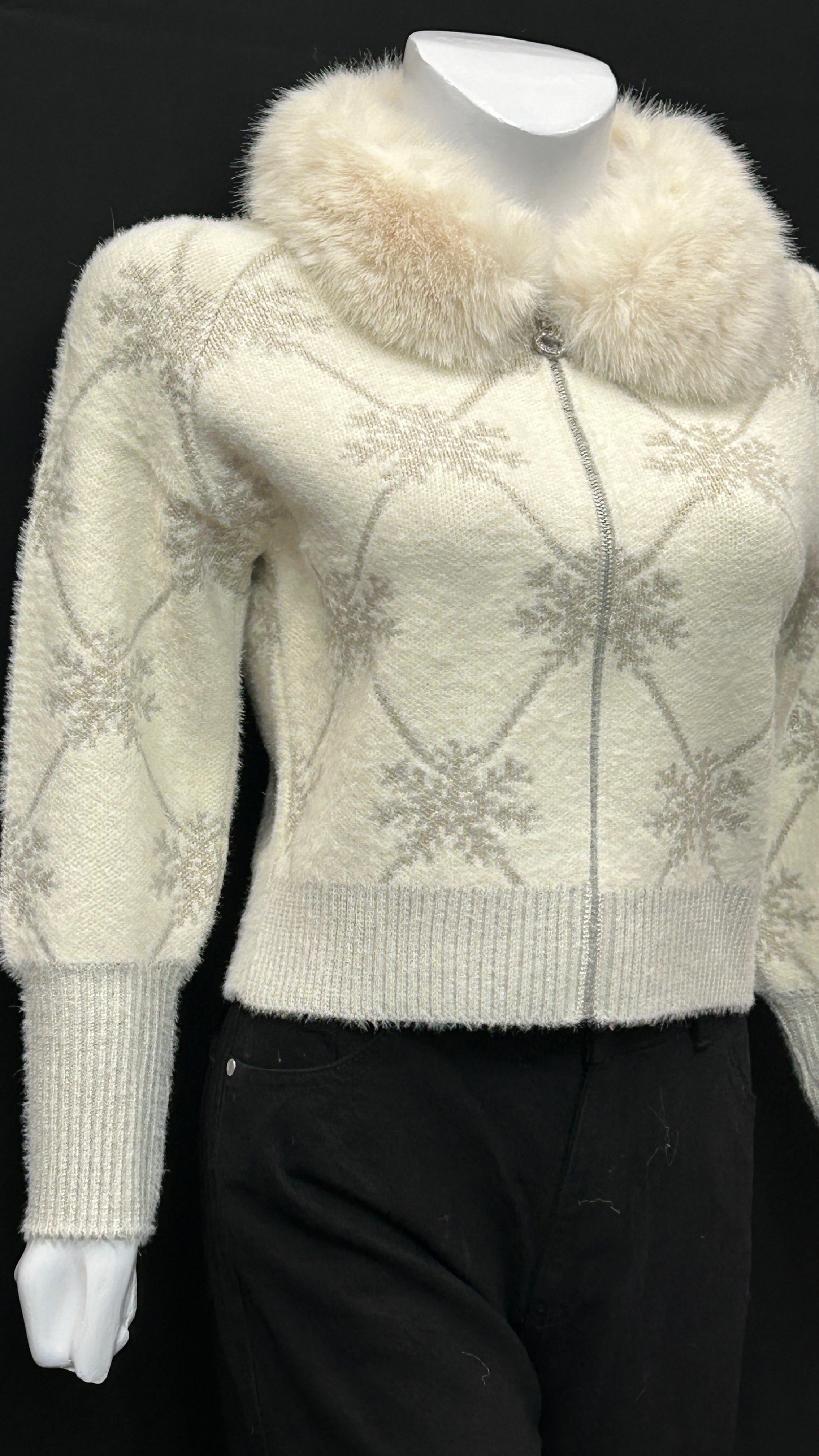 Winter White Snowflake Cardigan with Soft Fur Collar