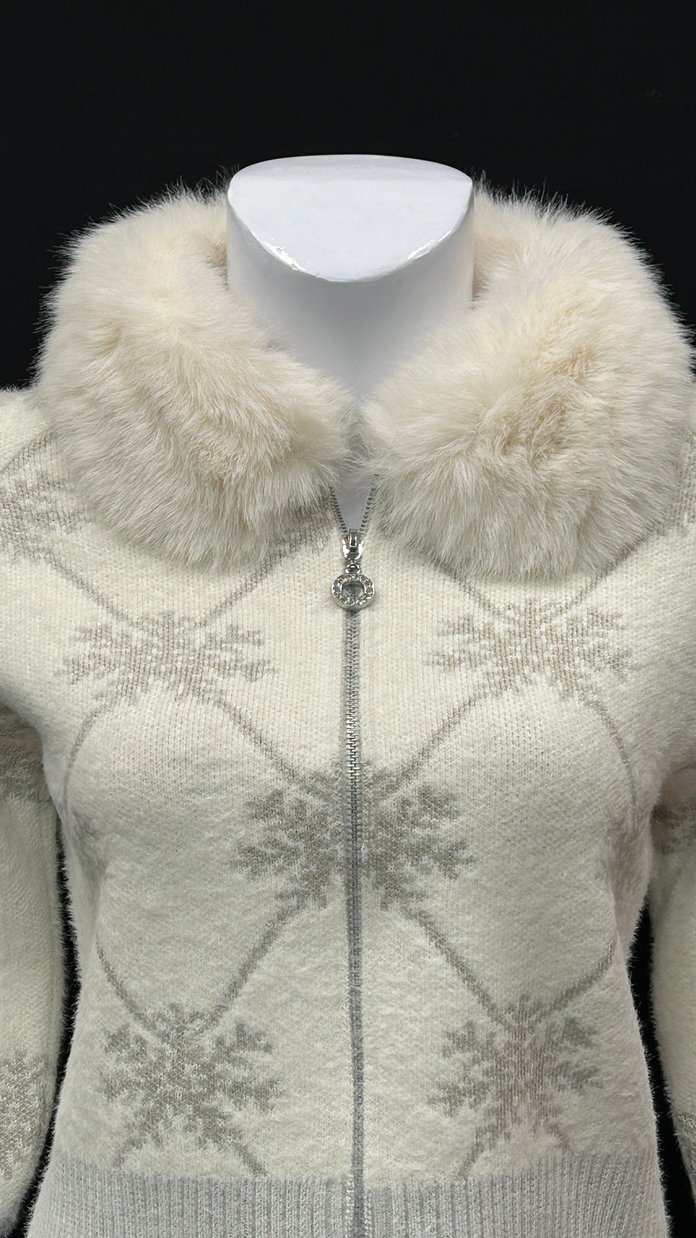 Winter White Snowflake Cardigan with Soft Fur Collar