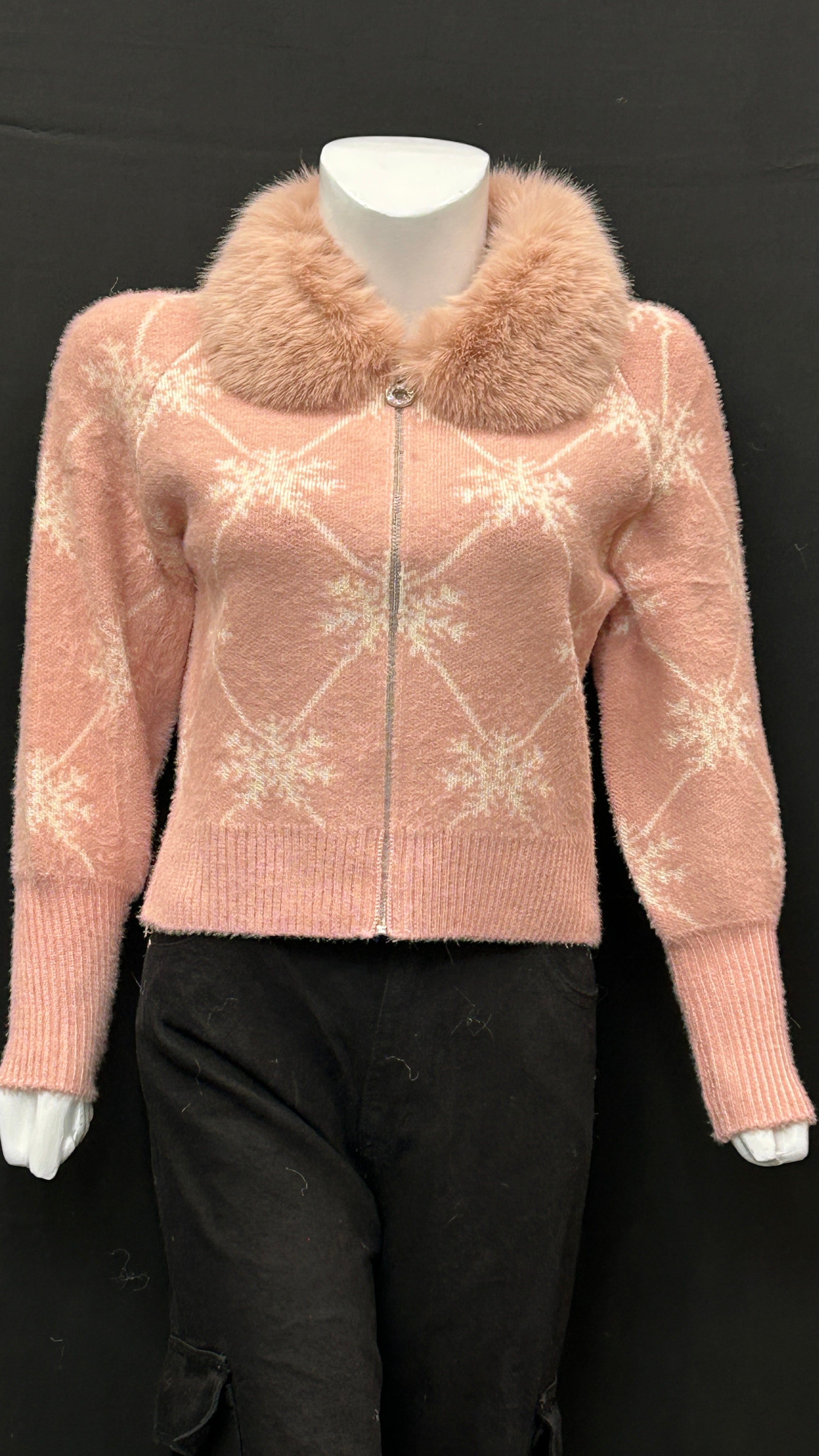 Blush Pink Snowflake Knit Cardigan with Faux-Fur Collar