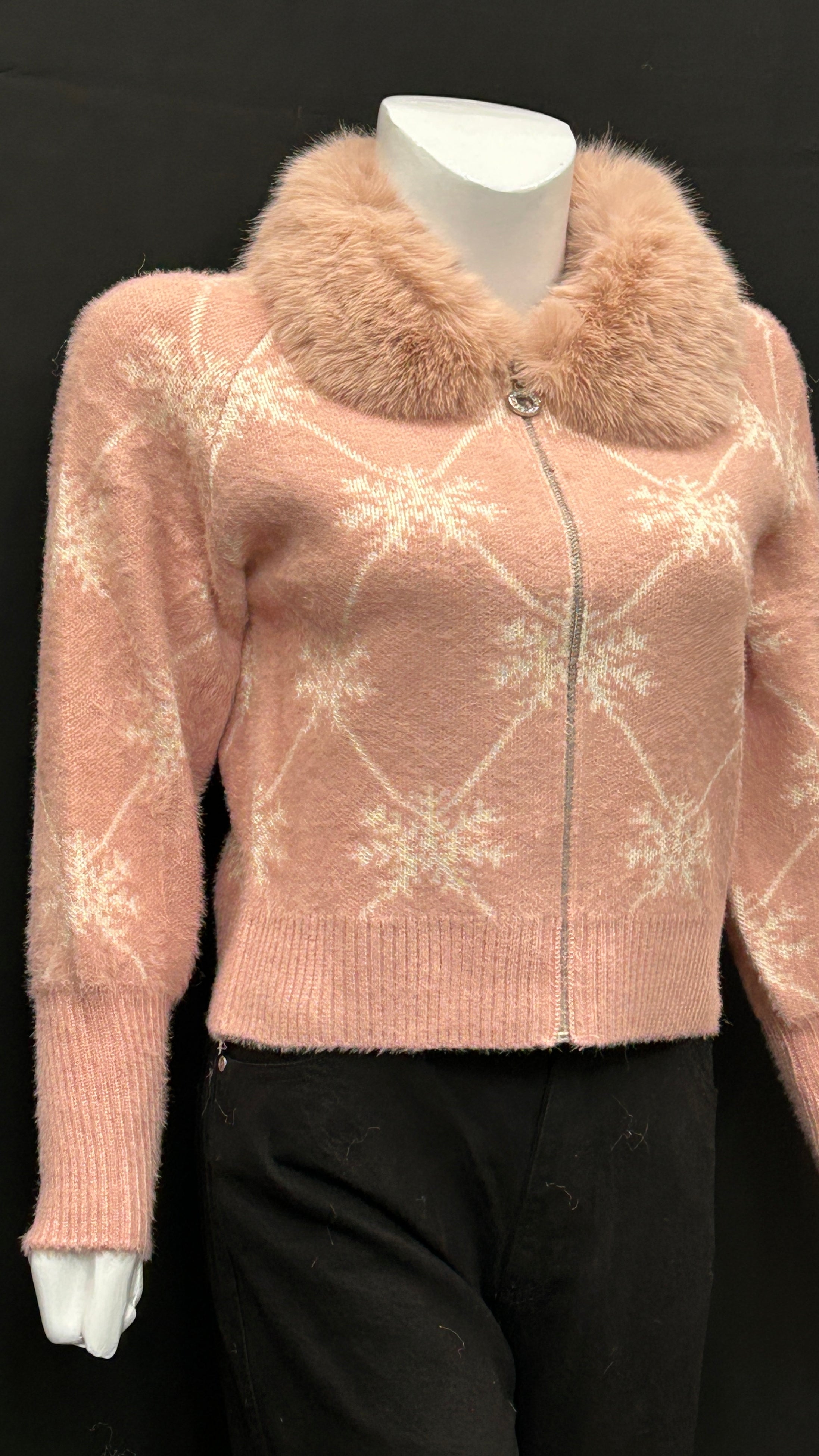 Blush Pink Snowflake Knit Cardigan with Faux-Fur Collar