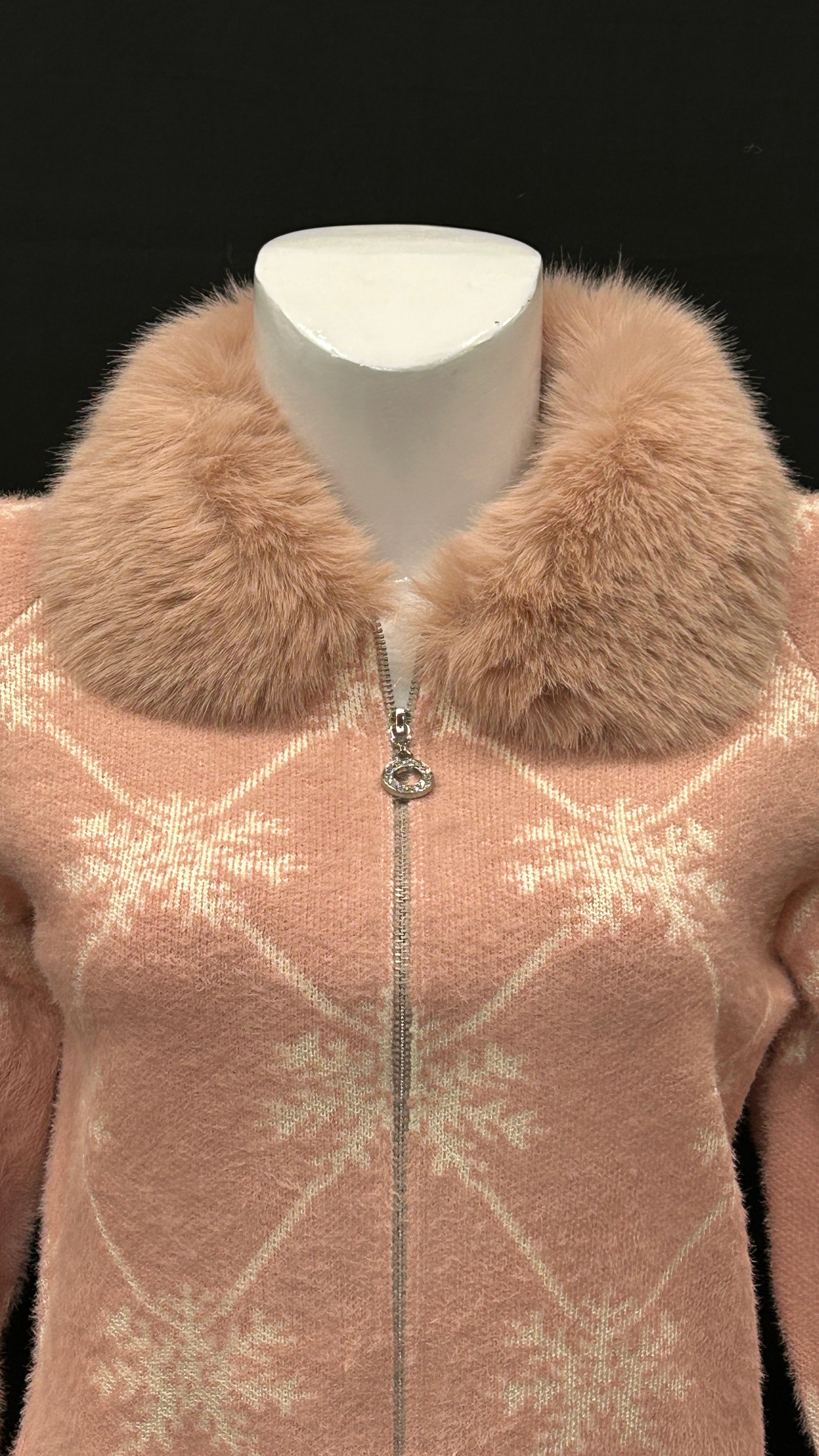 Blush Pink Snowflake Knit Cardigan with Faux-Fur Collar