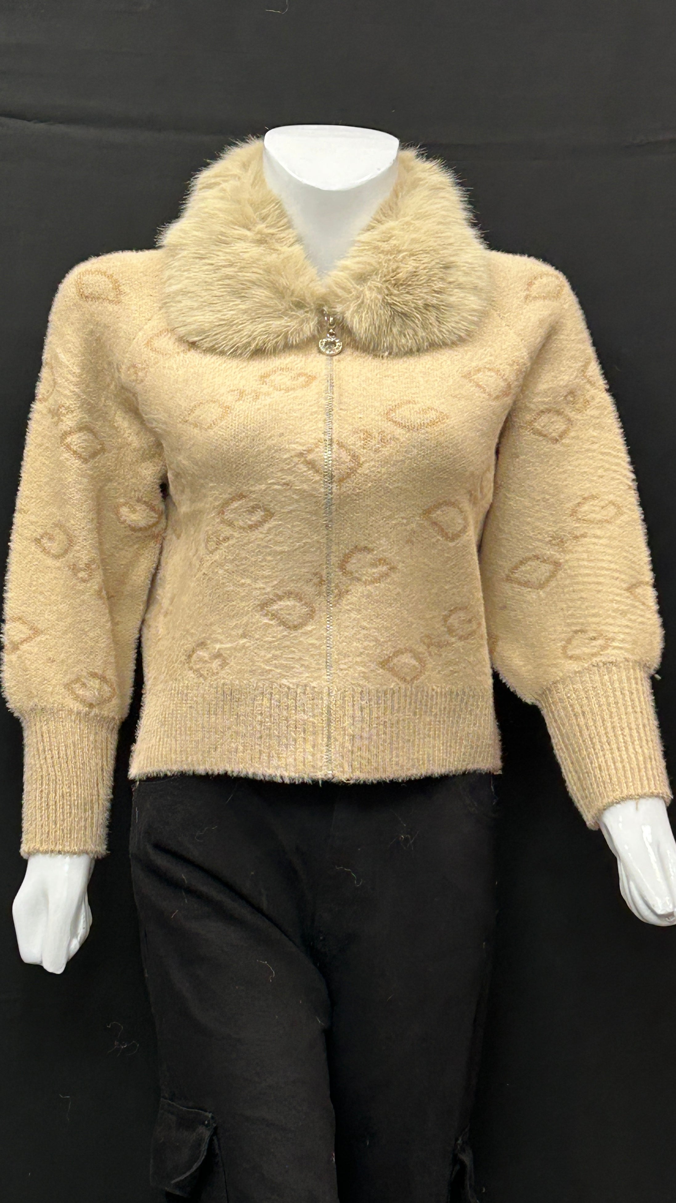 Brown Monogram Zip-Up Cardigan with Faux-Fur Collar