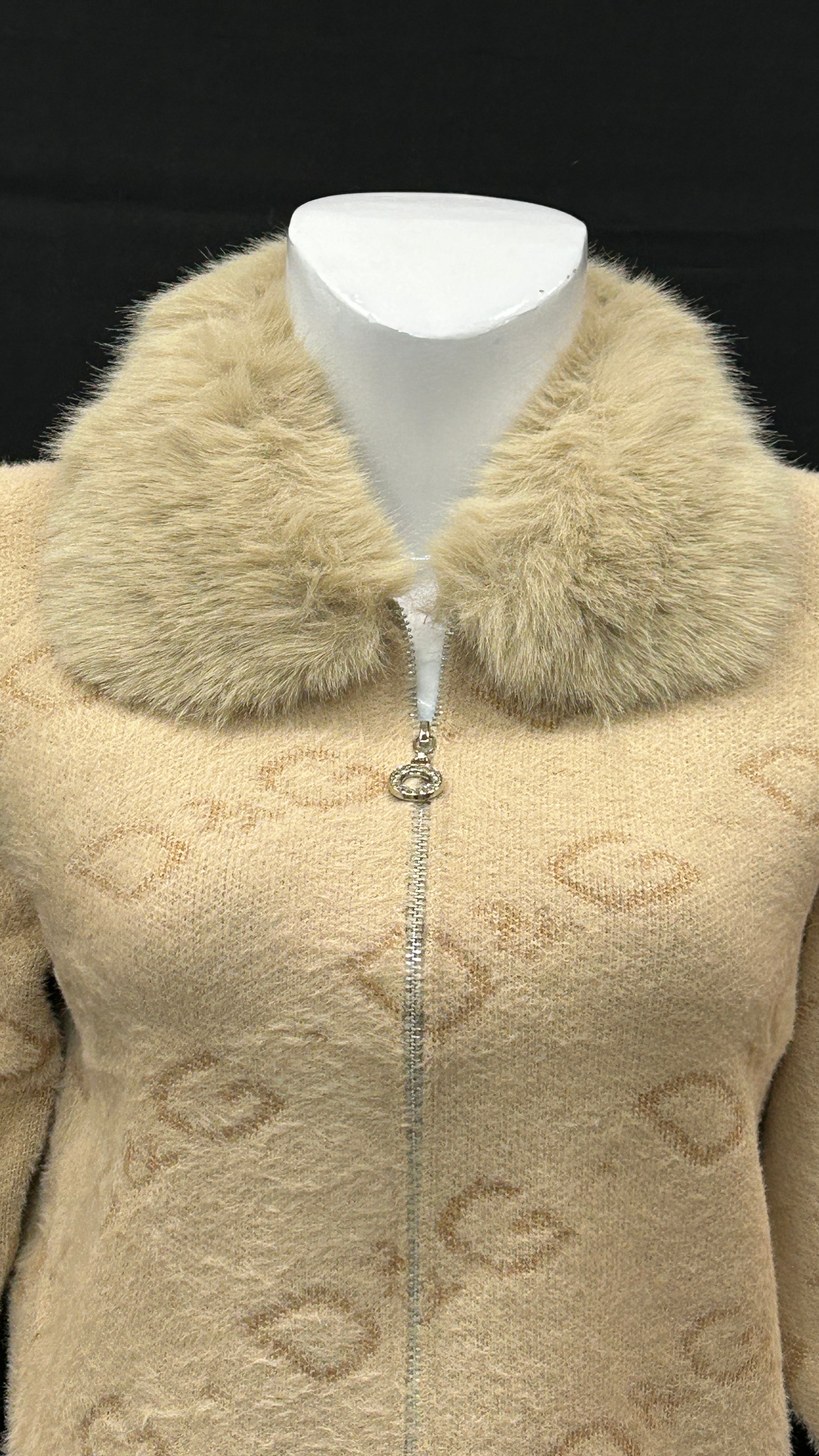 Brown Monogram Zip-Up Cardigan with Faux-Fur Collar