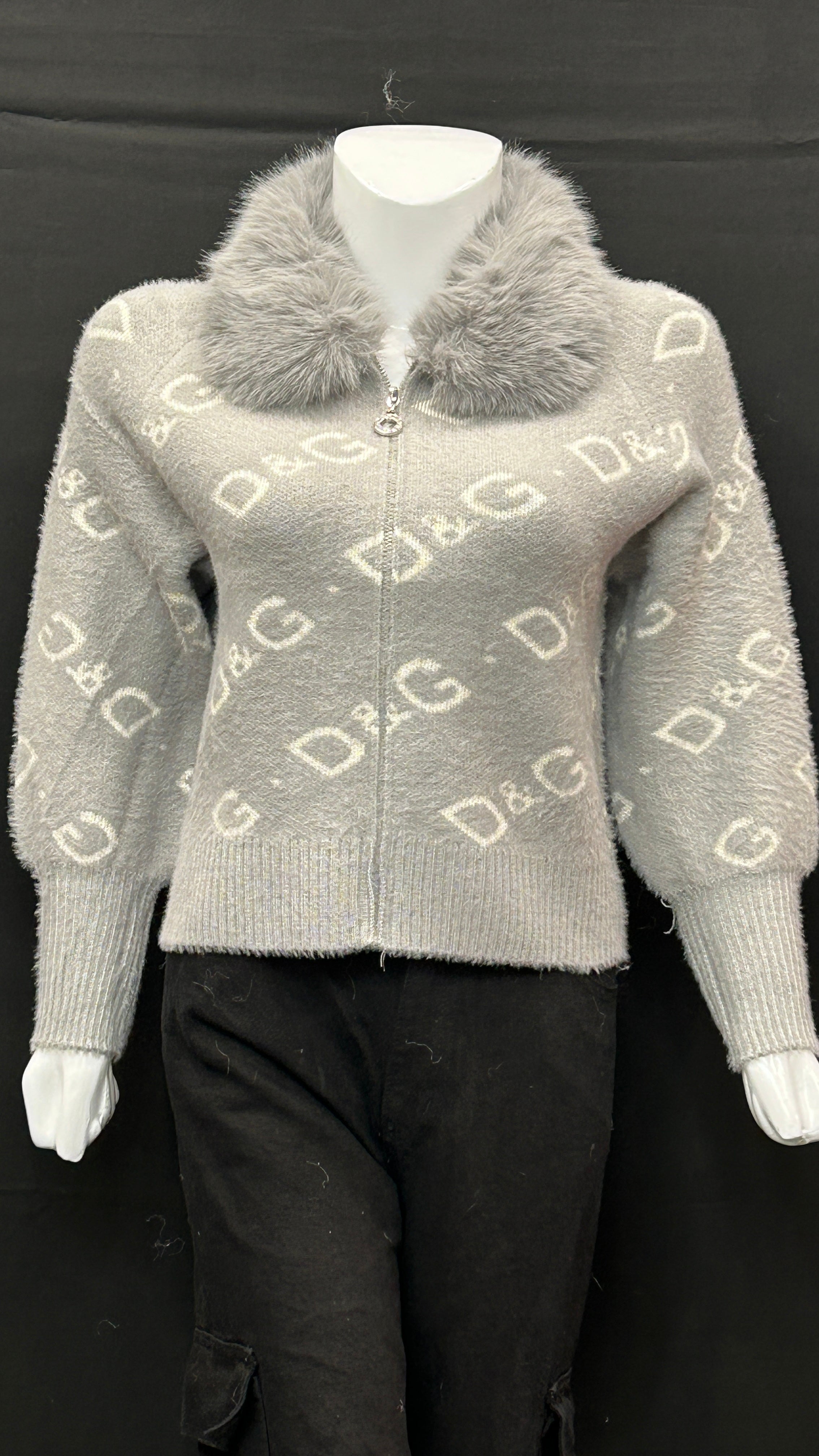 Grey Monogram Knit Cardigan with Faux-Fur Collar