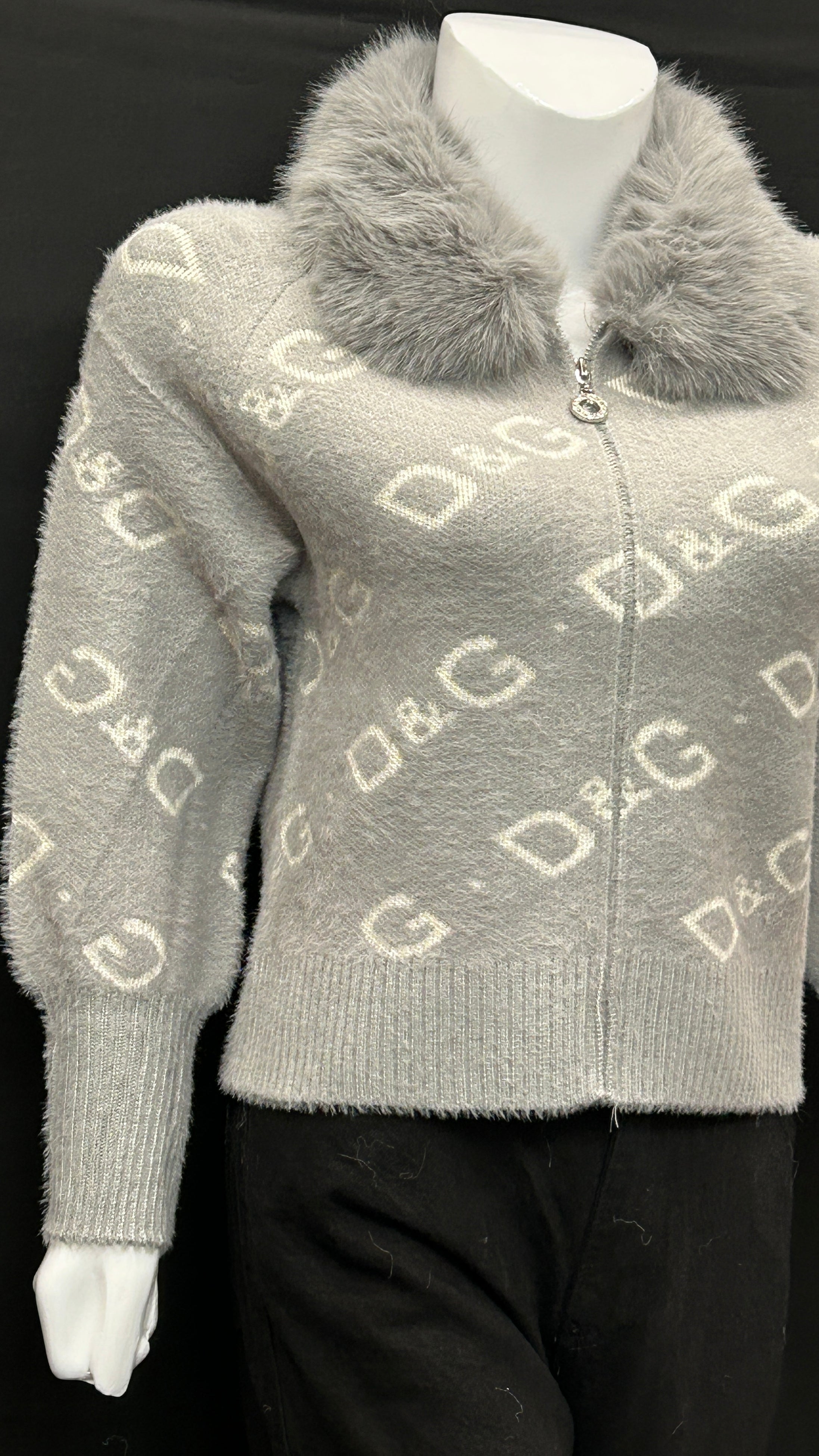 Grey Monogram Knit Cardigan with Faux-Fur Collar