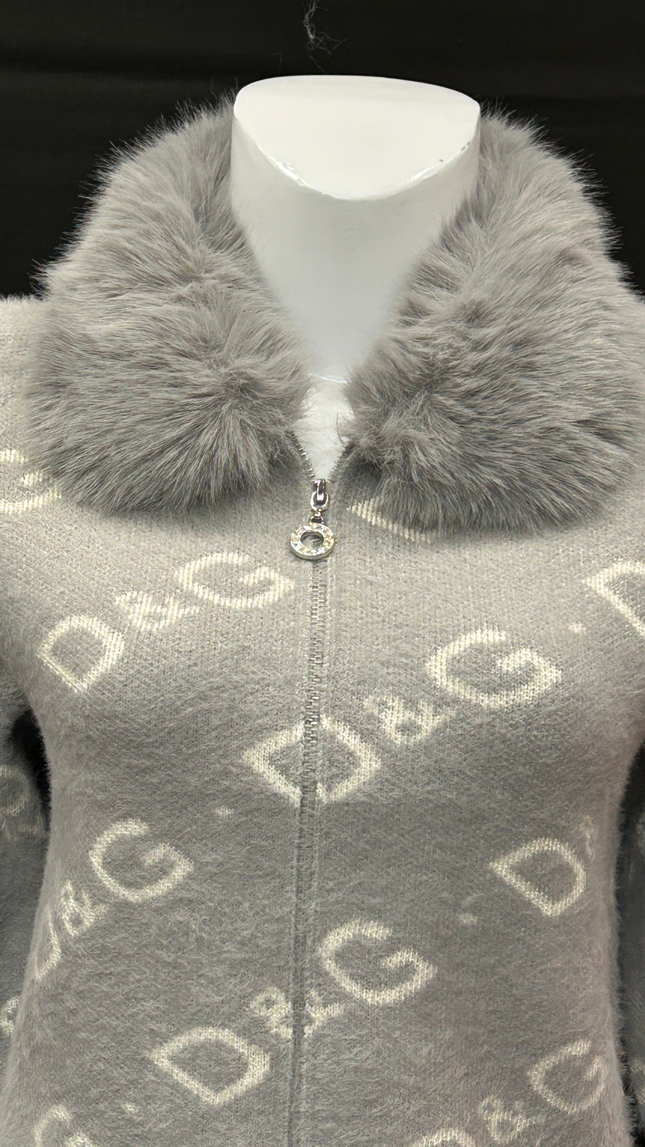 Grey Monogram Knit Cardigan with Faux-Fur Collar
