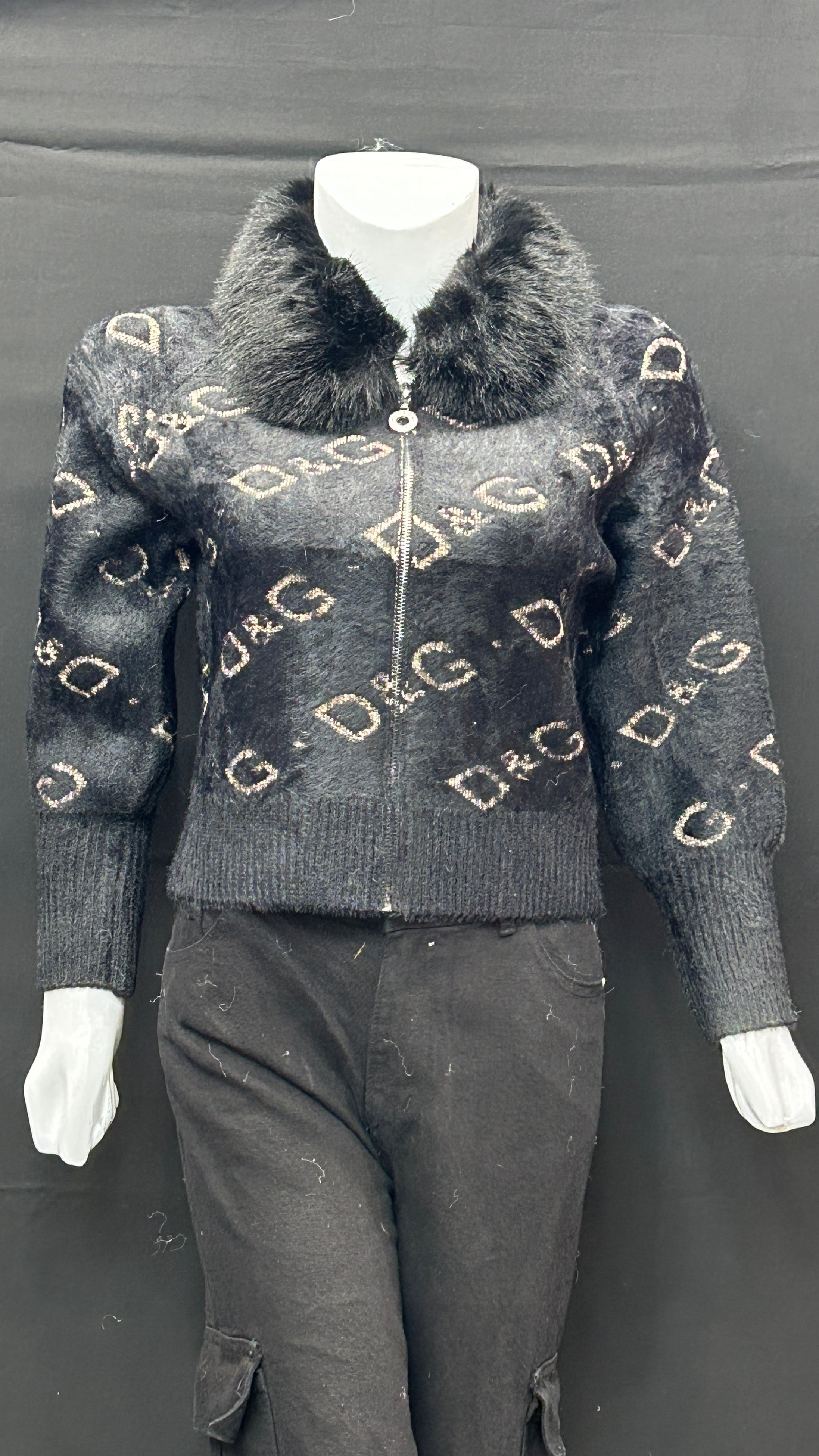 Black Fuzzy Knit Zip-Up with Gold Monogram and Fur Collar