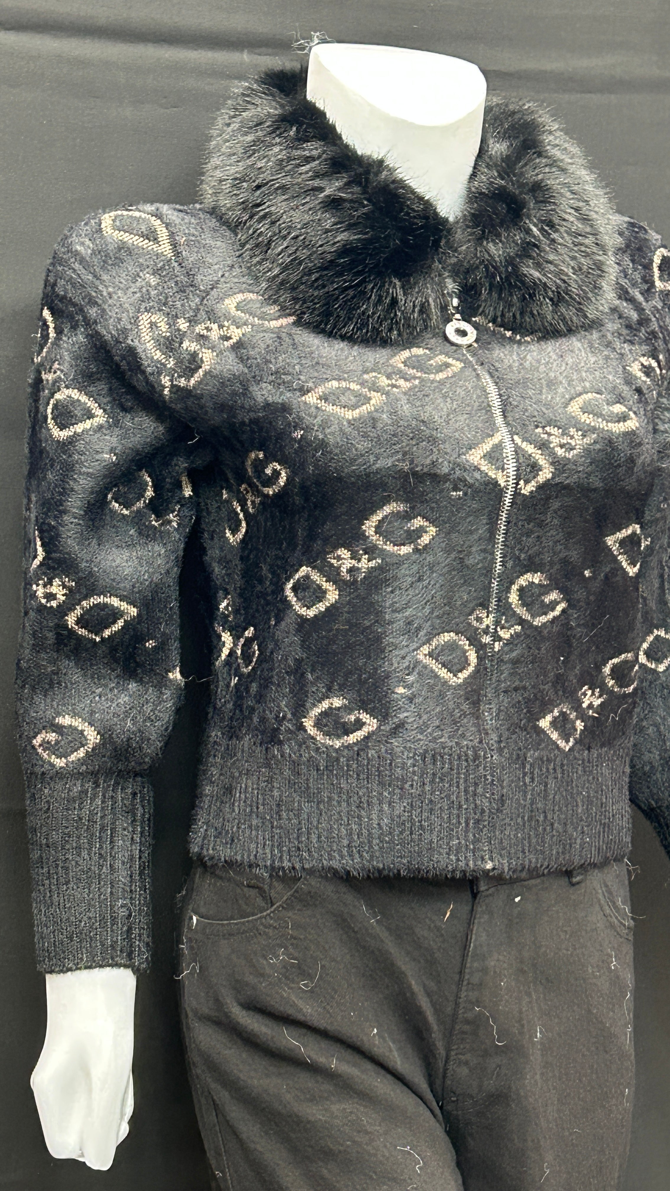 Black Fuzzy Knit Zip-Up with Gold Monogram and Fur Collar
