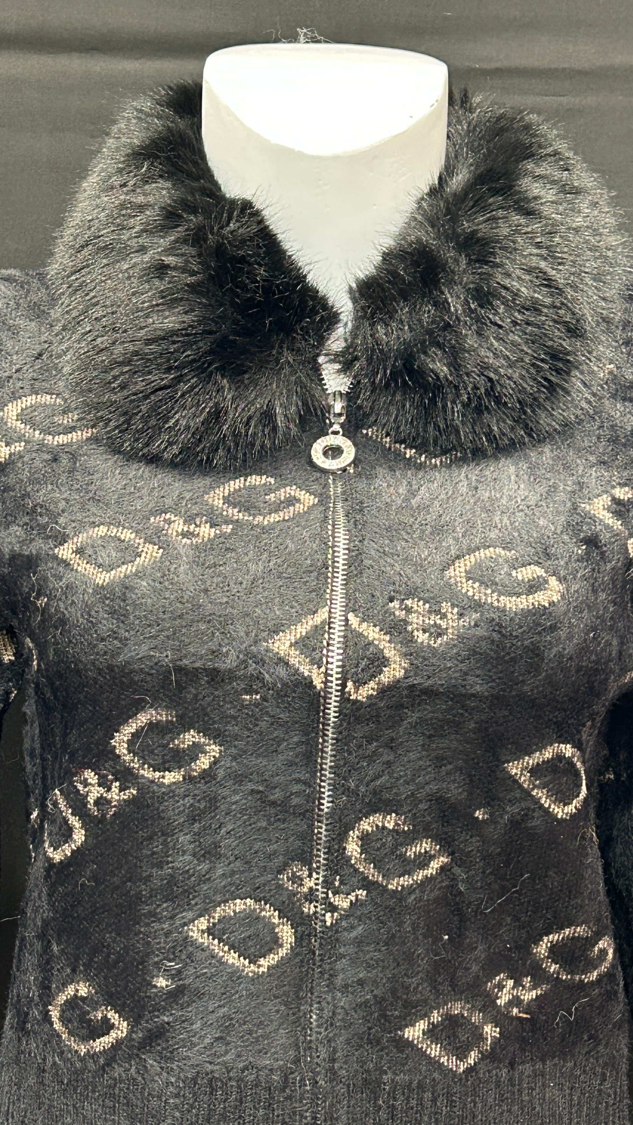 Black Fuzzy Knit Zip-Up with Gold Monogram and Fur Collar