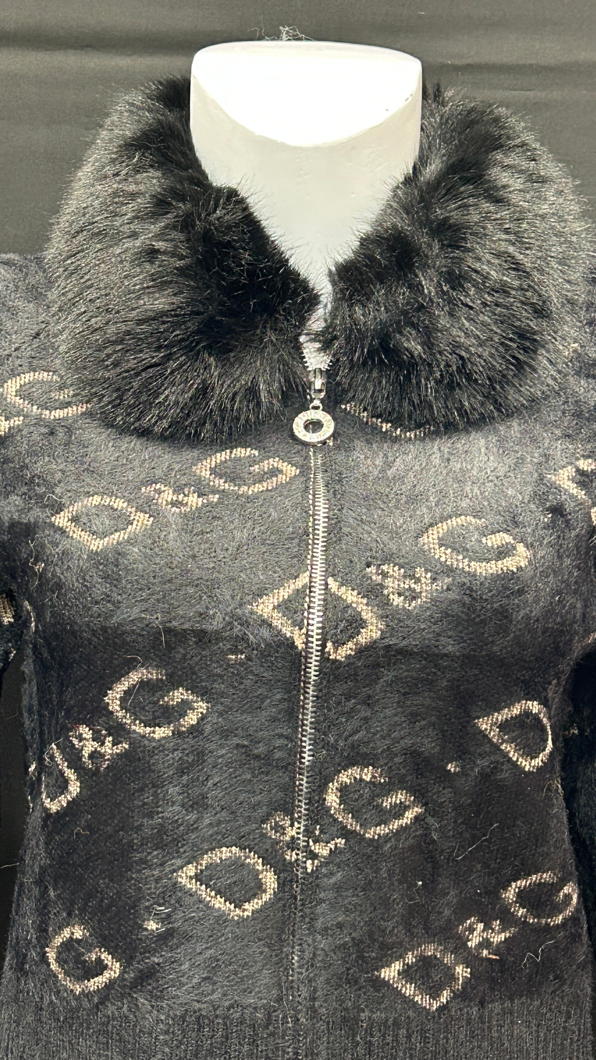 Black Fuzzy Knit Zip-Up with Gold Monogram and Fur Collar