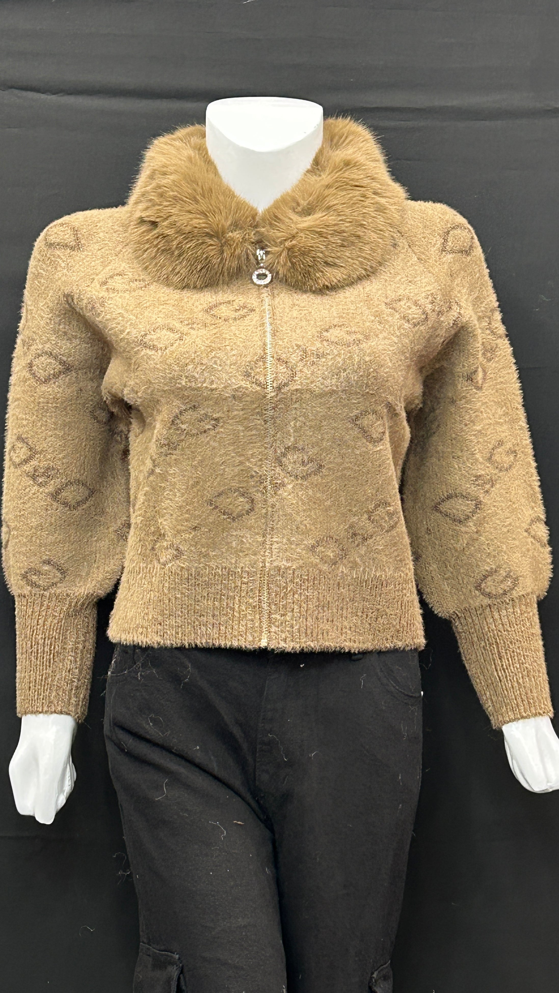 Brown Monogram Zip-Up Cardigan with Faux-Fur Collar